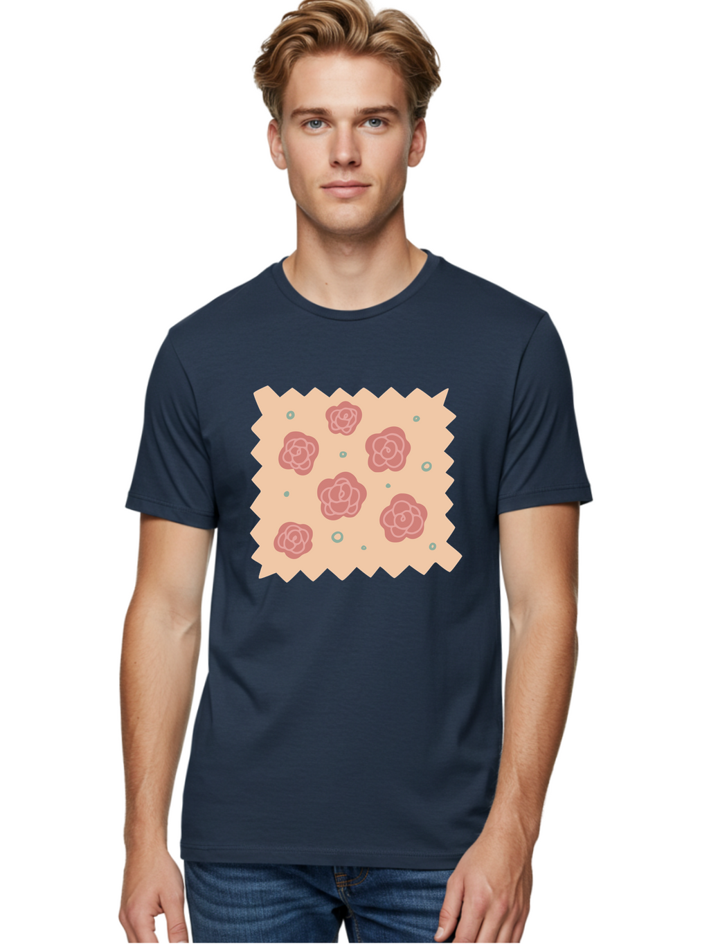 Pink-Roses Men'S Graphic Tee, 100% Cotton, Comfortable Casual Summer Wear, Machine Washable, Pink Roses, White Outlines, Floral Pattern, Decorative Design, Abstract Flowers, Elegant Graphics, Minimalist Art Aac079