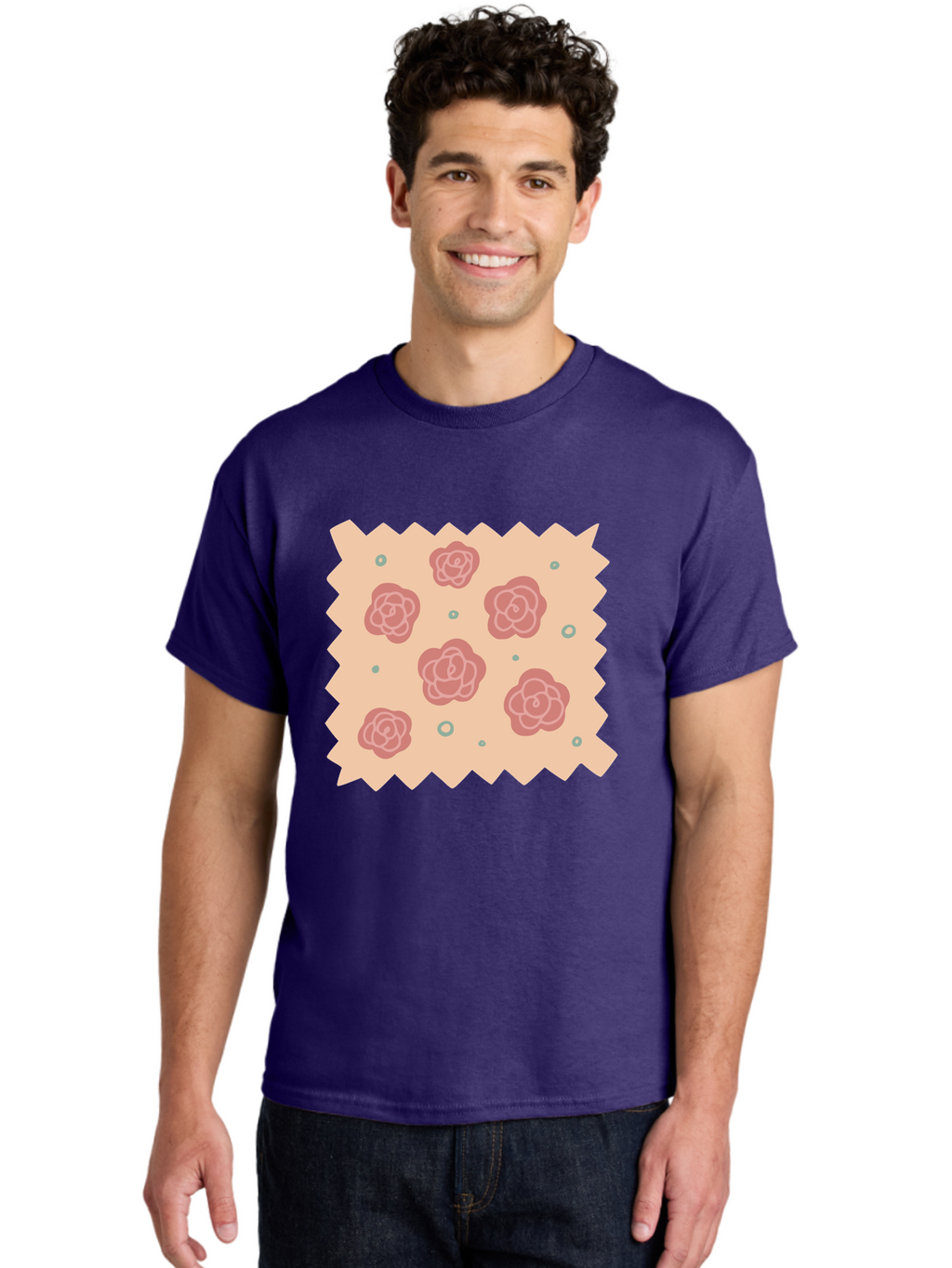 Pink-Roses Men'S Graphic Tee, 100% Cotton, Comfortable Casual Summer Wear, Machine Washable, Pink Roses, White Outlines, Floral Pattern, Decorative Design, Abstract Flowers, Elegant Graphics, Minimalist Art Aac079