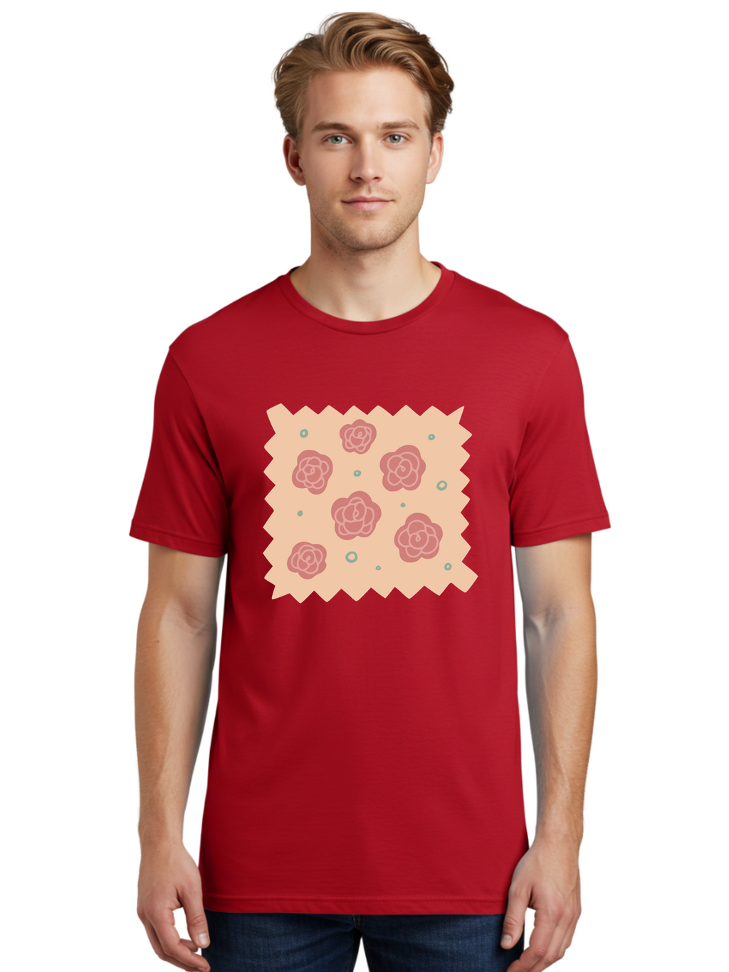 Pink-Roses Men'S Graphic Tee, 100% Cotton, Comfortable Casual Summer Wear, Machine Washable, Pink Roses, White Outlines, Floral Pattern, Decorative Design, Abstract Flowers, Elegant Graphics, Minimalist Art Aac079