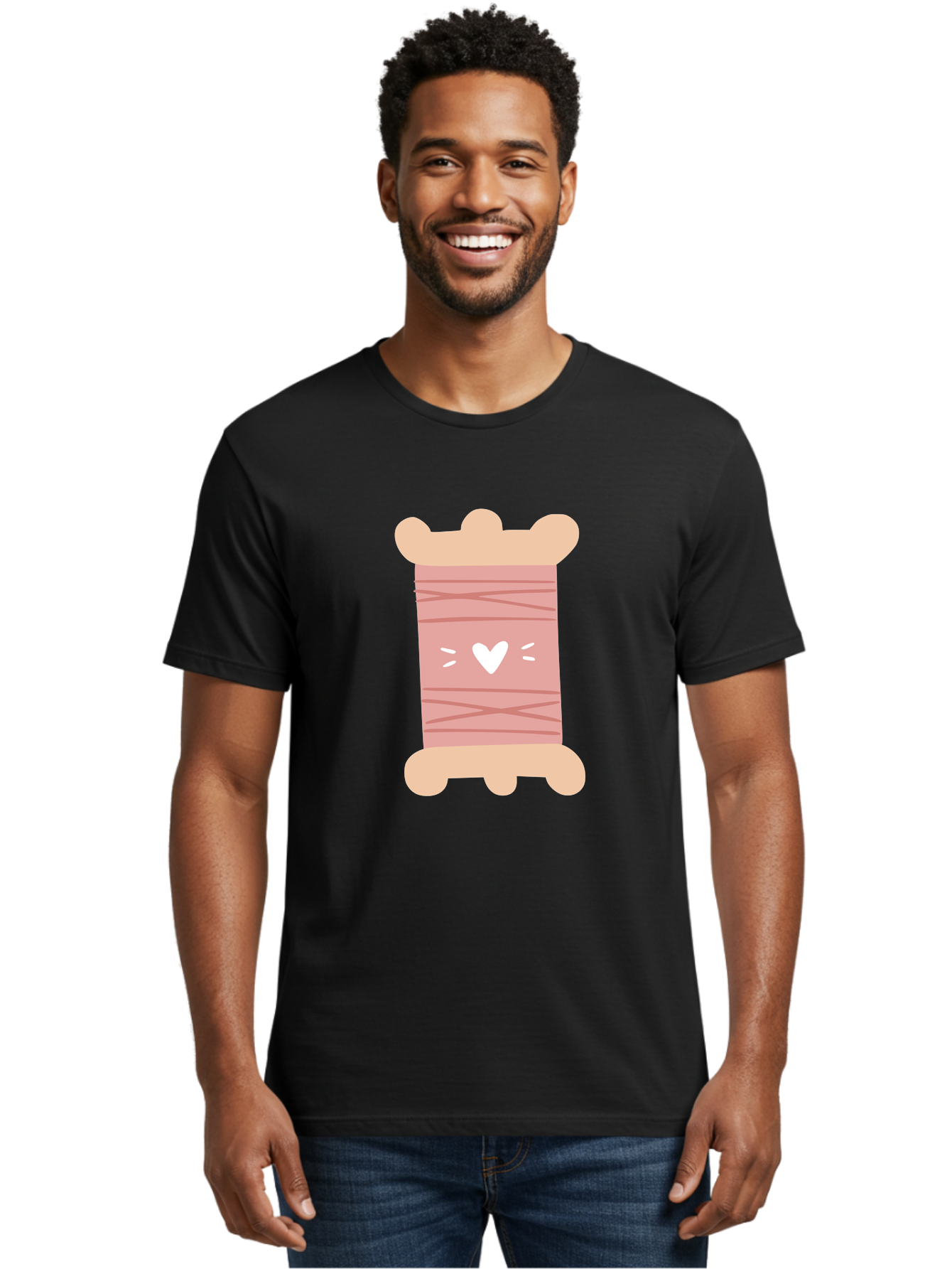 Pink-Thread-Spool-With-Heart Men'S Graphic Tee, 100% Cotton, Comfortable Casual Summer Wear, Machine Washable, Pink Thread Spool, White Heart, Sewing Supplies, Crafting, Diy, Hobby, Embroidery Thread, Pastel Colors, Cute Design, Cartoon Style Aac084