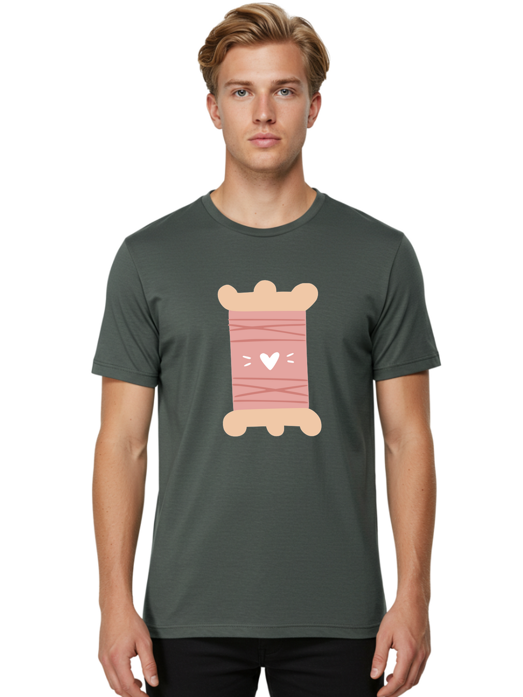 Pink-Thread-Spool-With-Heart Men'S Graphic Tee, 100% Cotton, Comfortable Casual Summer Wear, Machine Washable, Pink Thread Spool, White Heart, Sewing Supplies, Crafting, Diy, Hobby, Embroidery Thread, Pastel Colors, Cute Design, Cartoon Style Aac084