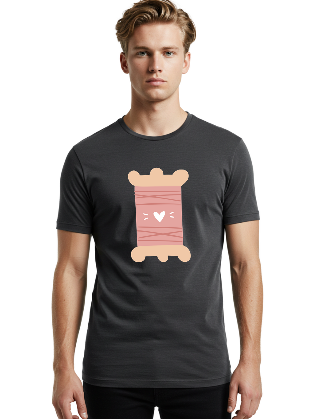 Pink-Thread-Spool-With-Heart Men'S Graphic Tee, 100% Cotton, Comfortable Casual Summer Wear, Machine Washable, Pink Thread Spool, White Heart, Sewing Supplies, Crafting, Diy, Hobby, Embroidery Thread, Pastel Colors, Cute Design, Cartoon Style Aac084