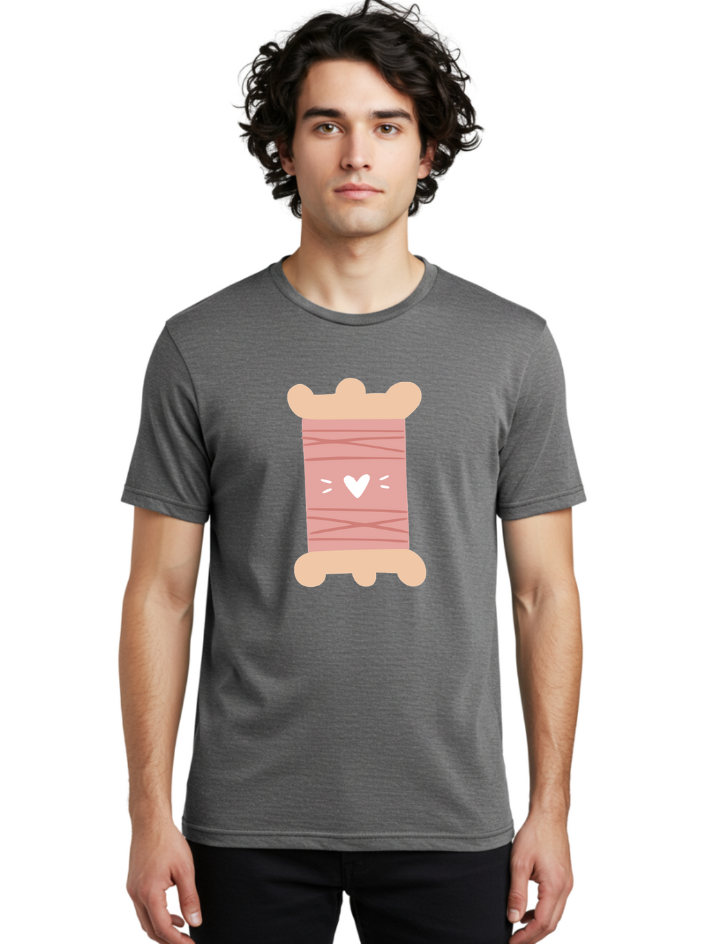 Pink-Thread-Spool-With-Heart Men'S Graphic Tee, 100% Cotton, Comfortable Casual Summer Wear, Machine Washable, Pink Thread Spool, White Heart, Sewing Supplies, Crafting, Diy, Hobby, Embroidery Thread, Pastel Colors, Cute Design, Cartoon Style Aac084