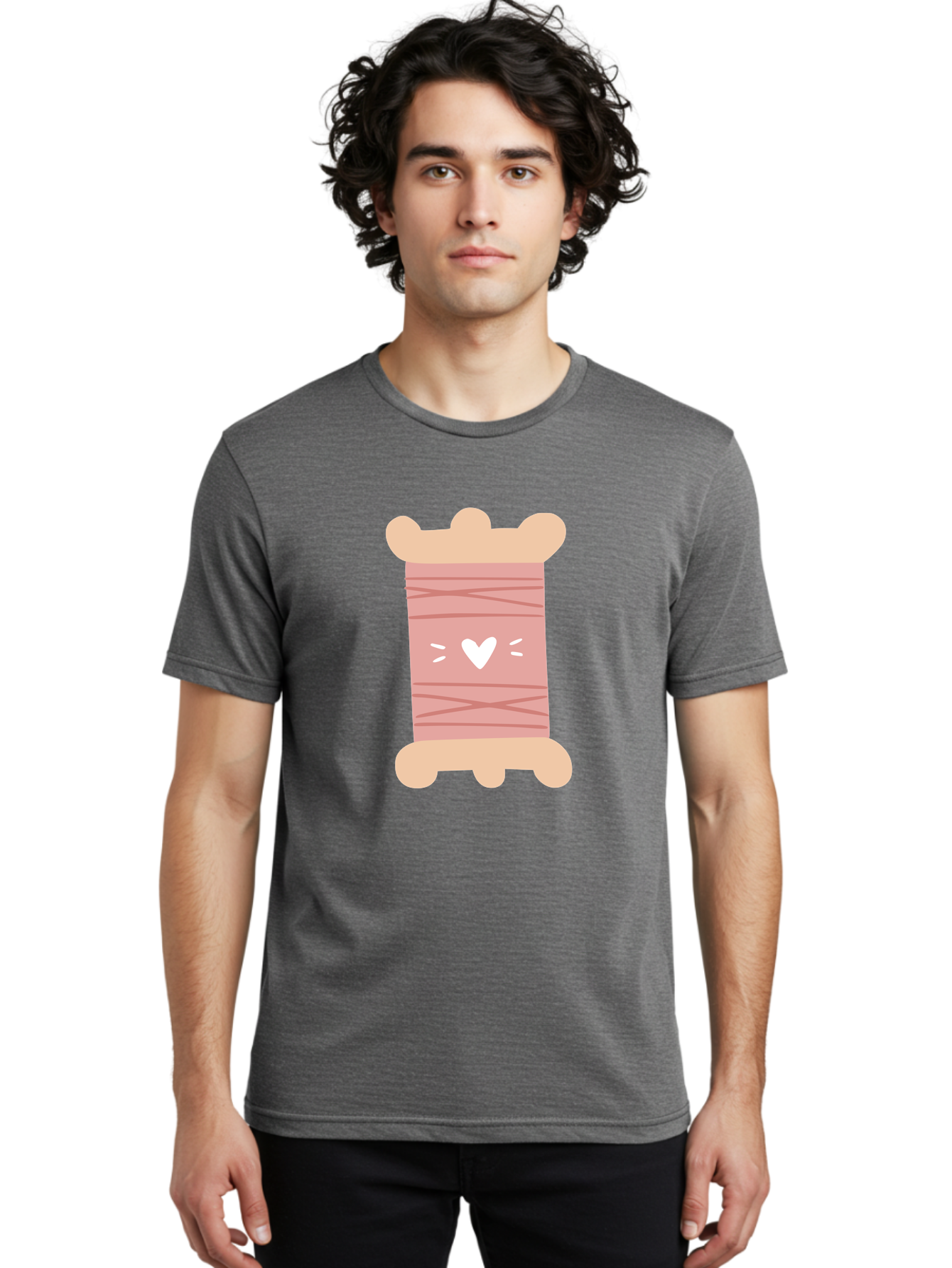 Pink-Thread-Spool-With-Heart Men'S Graphic Tee, 100% Cotton, Comfortable Casual Summer Wear, Machine Washable, Pink Thread Spool, White Heart, Sewing Supplies, Crafting, Diy, Hobby, Embroidery Thread, Pastel Colors, Cute Design, Cartoon Style Aac084