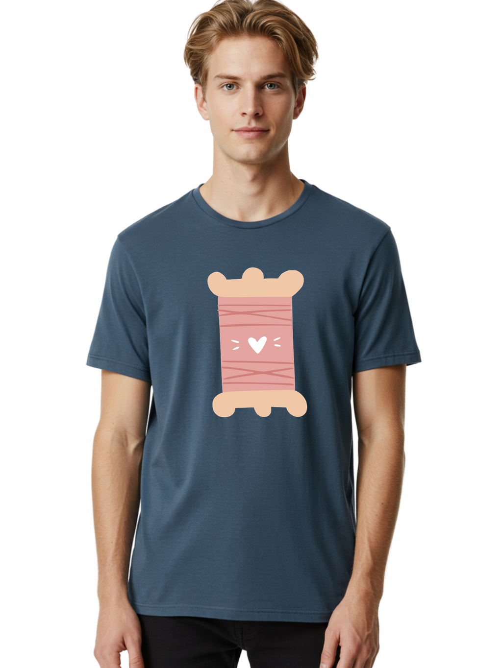 Pink-Thread-Spool-With-Heart Men'S Graphic Tee, 100% Cotton, Comfortable Casual Summer Wear, Machine Washable, Pink Thread Spool, White Heart, Sewing Supplies, Crafting, Diy, Hobby, Embroidery Thread, Pastel Colors, Cute Design, Cartoon Style Aac084