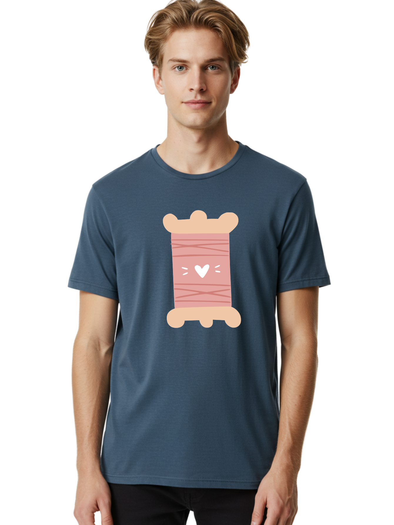 Pink-Thread-Spool-With-Heart Men'S Graphic Tee, 100% Cotton, Comfortable Casual Summer Wear, Machine Washable, Pink Thread Spool, White Heart, Sewing Supplies, Crafting, Diy, Hobby, Embroidery Thread, Pastel Colors, Cute Design, Cartoon Style Aac084