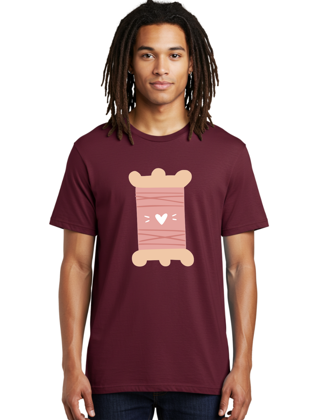 Pink-Thread-Spool-With-Heart Men'S Graphic Tee, 100% Cotton, Comfortable Casual Summer Wear, Machine Washable, Pink Thread Spool, White Heart, Sewing Supplies, Crafting, Diy, Hobby, Embroidery Thread, Pastel Colors, Cute Design, Cartoon Style Aac084