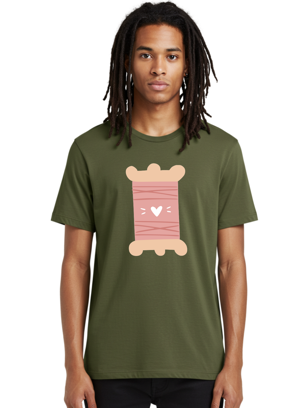 Pink-Thread-Spool-With-Heart Men'S Graphic Tee, 100% Cotton, Comfortable Casual Summer Wear, Machine Washable, Pink Thread Spool, White Heart, Sewing Supplies, Crafting, Diy, Hobby, Embroidery Thread, Pastel Colors, Cute Design, Cartoon Style Aac084