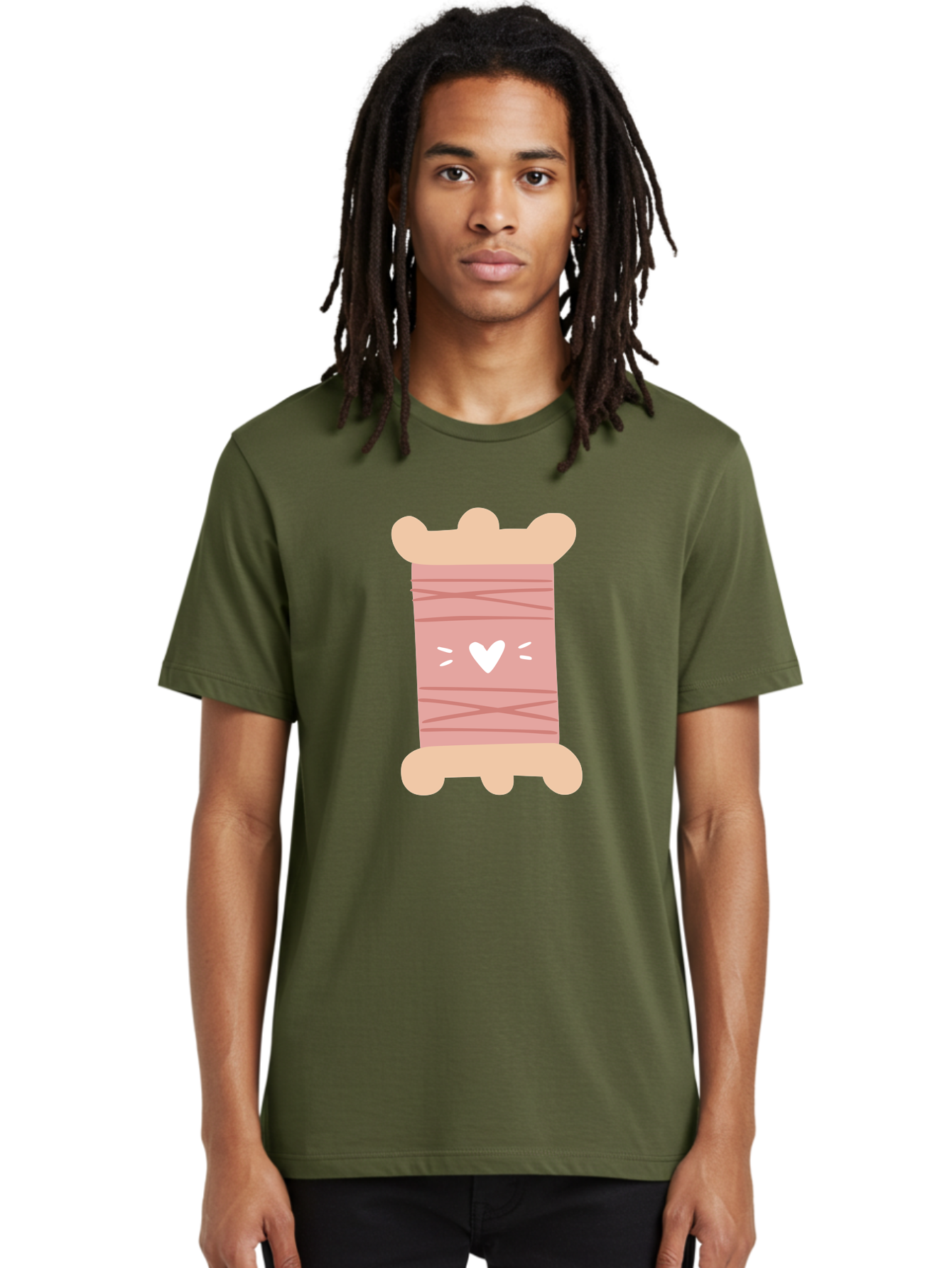 Pink-Thread-Spool-With-Heart Men'S Graphic Tee, 100% Cotton, Comfortable Casual Summer Wear, Machine Washable, Pink Thread Spool, White Heart, Sewing Supplies, Crafting, Diy, Hobby, Embroidery Thread, Pastel Colors, Cute Design, Cartoon Style Aac084