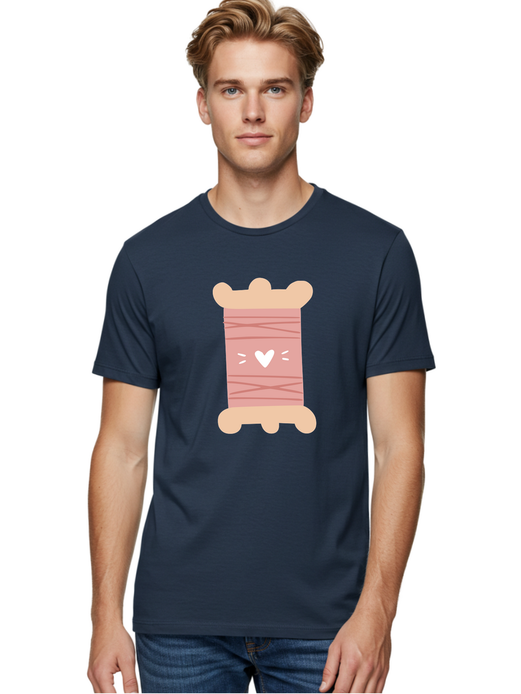 Pink-Thread-Spool-With-Heart Men'S Graphic Tee, 100% Cotton, Comfortable Casual Summer Wear, Machine Washable, Pink Thread Spool, White Heart, Sewing Supplies, Crafting, Diy, Hobby, Embroidery Thread, Pastel Colors, Cute Design, Cartoon Style Aac084