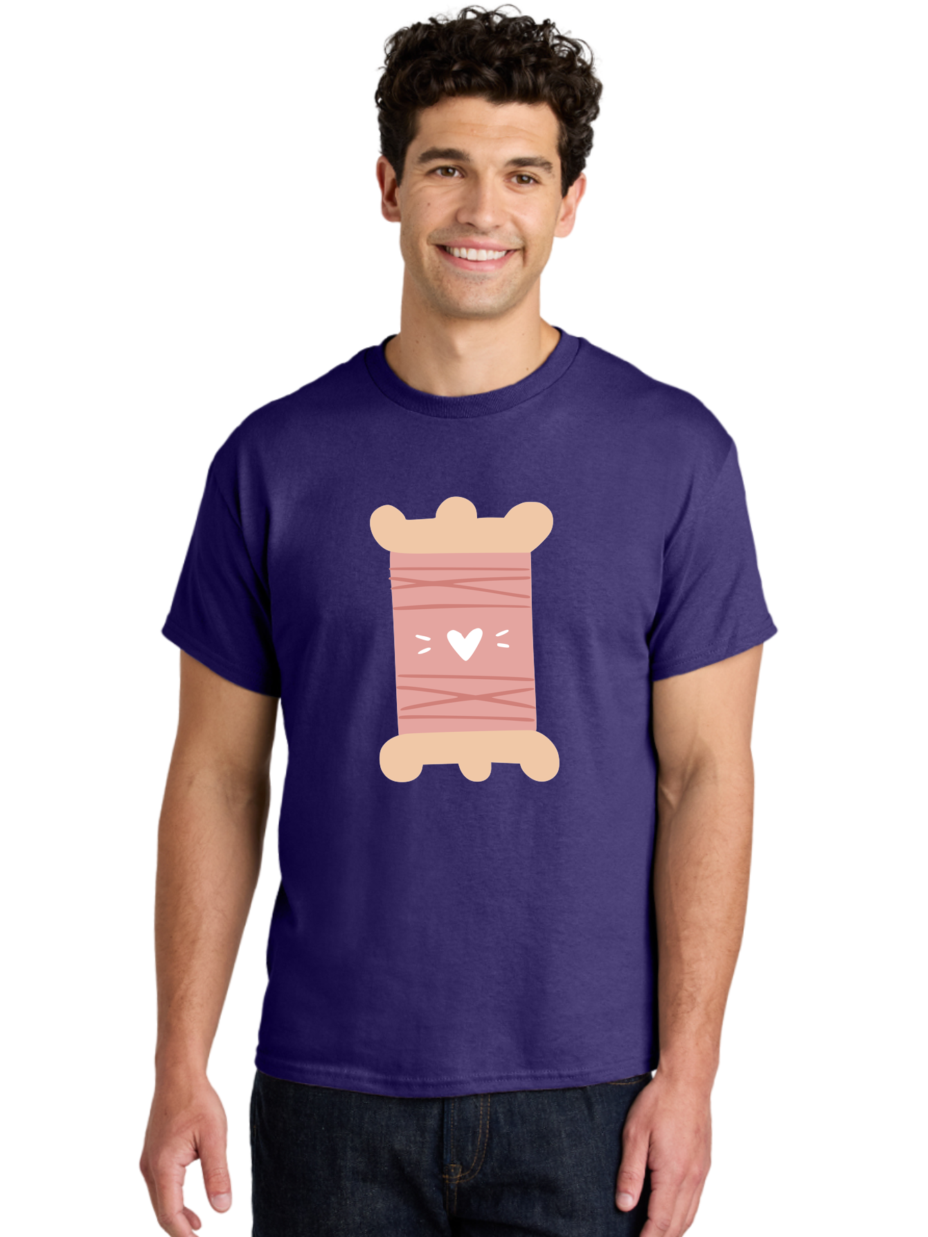 Pink-Thread-Spool-With-Heart Men'S Graphic Tee, 100% Cotton, Comfortable Casual Summer Wear, Machine Washable, Pink Thread Spool, White Heart, Sewing Supplies, Crafting, Diy, Hobby, Embroidery Thread, Pastel Colors, Cute Design, Cartoon Style Aac084
