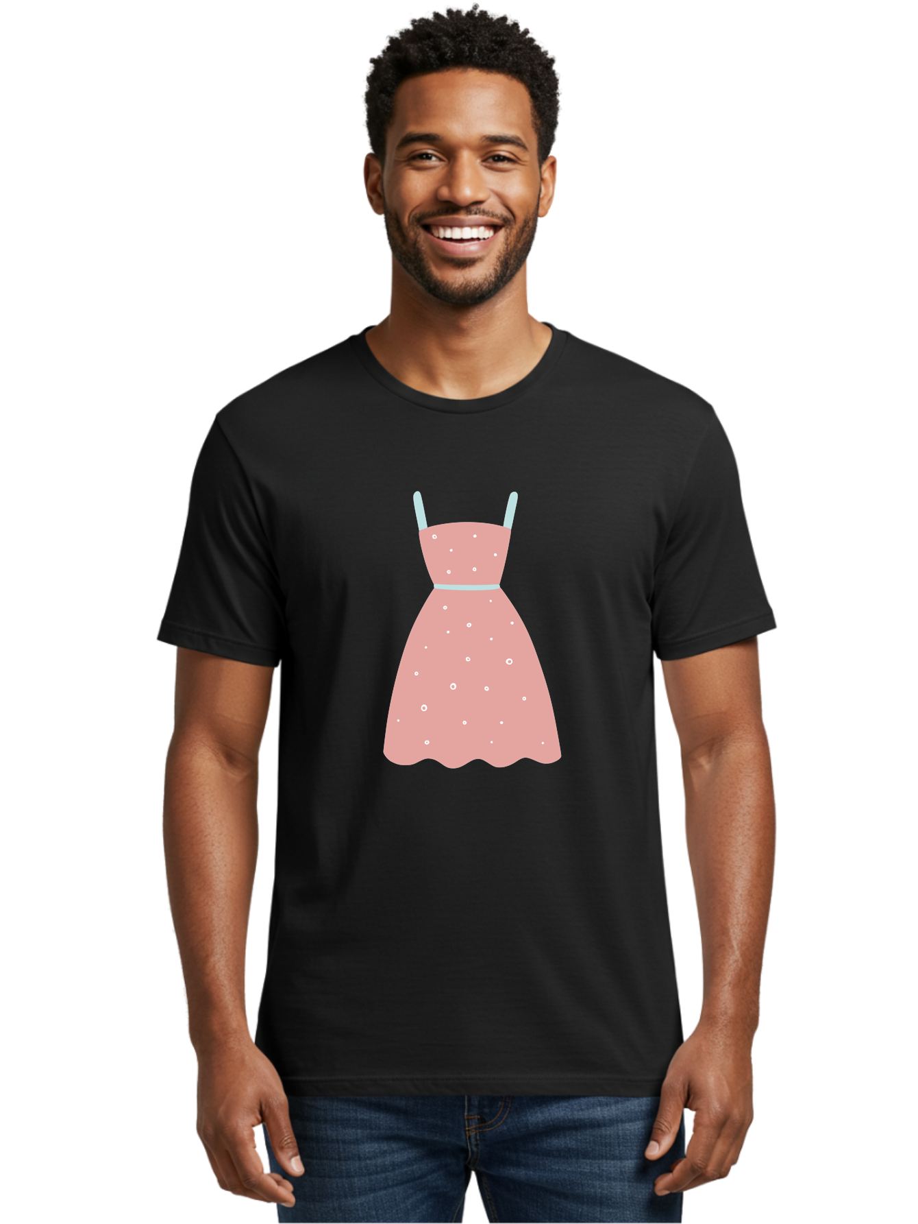 Polka-Dot-Dress Men'S Graphic Tee, 100% Cotton, Comfortable Casual Summer Wear, Machine Washable, Pink Dress, Polka Dot Pattern, Feminine Fashion, Elegant Design, White Accents, Stylish Clothing, Retro Style, Women'S Wear, Polka Dot Dress Aac085