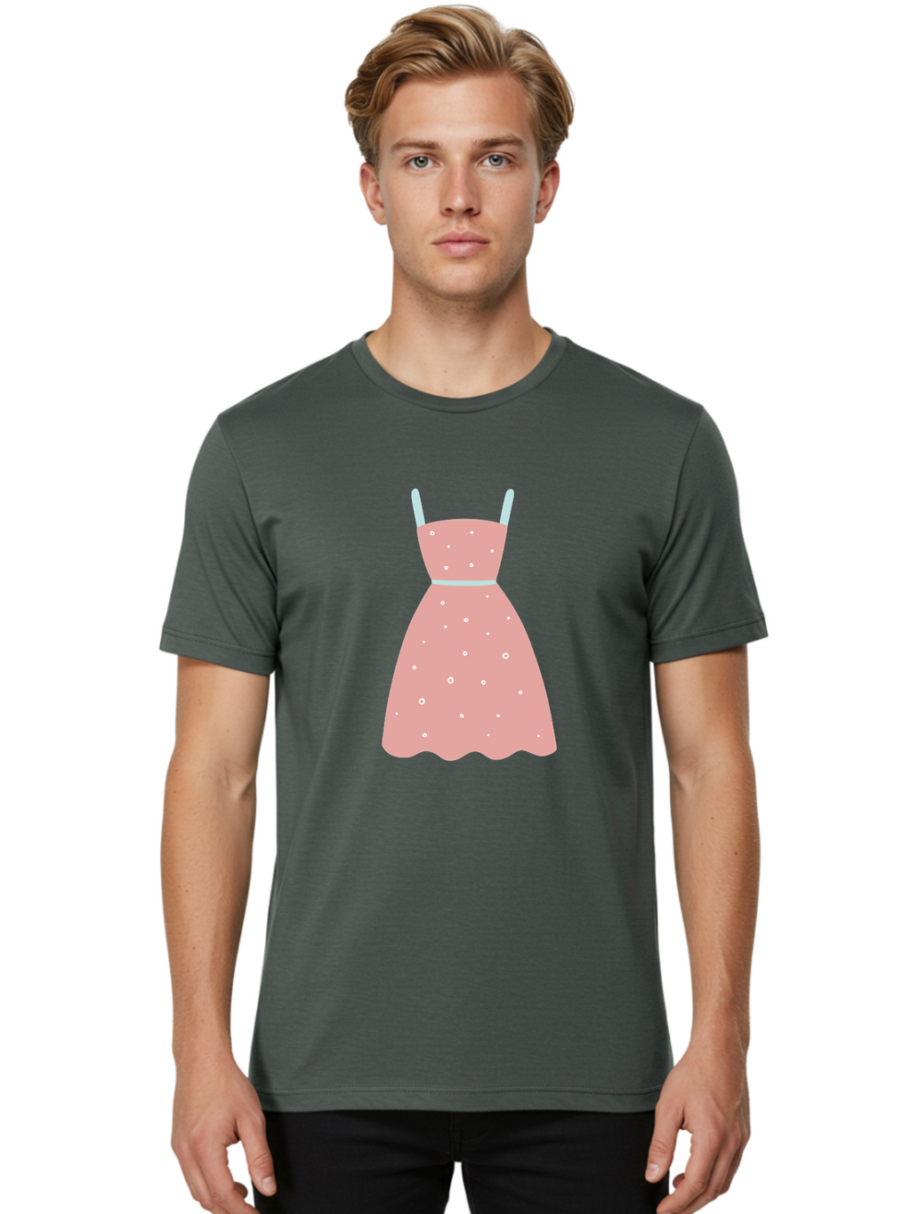 Polka-Dot-Dress Men'S Graphic Tee, 100% Cotton, Comfortable Casual Summer Wear, Machine Washable, Pink Dress, Polka Dot Pattern, Feminine Fashion, Elegant Design, White Accents, Stylish Clothing, Retro Style, Women'S Wear, Polka Dot Dress Aac085