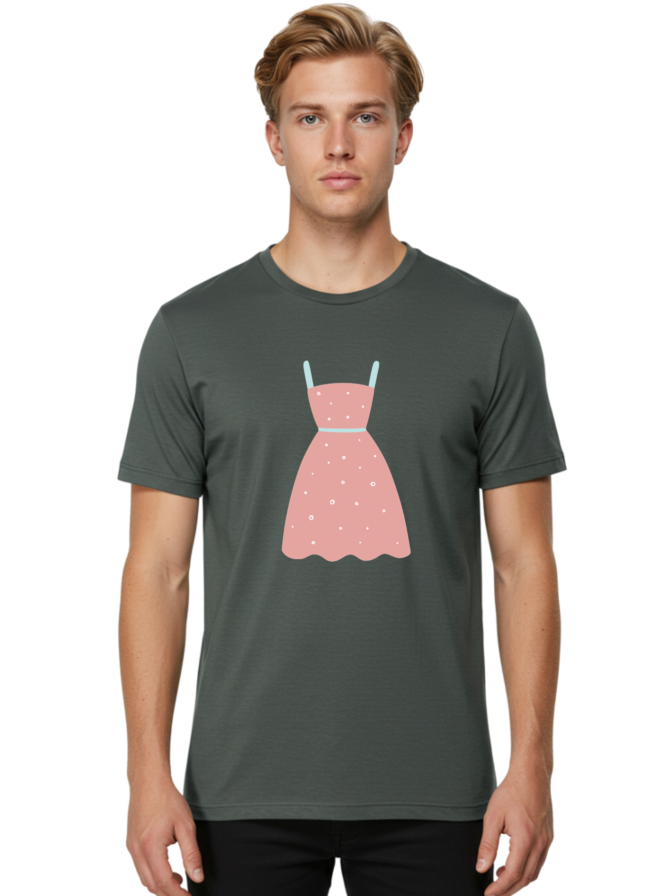 Polka-Dot-Dress Men'S Graphic Tee, 100% Cotton, Comfortable Casual Summer Wear, Machine Washable, Pink Dress, Polka Dot Pattern, Feminine Fashion, Elegant Design, White Accents, Stylish Clothing, Retro Style, Women'S Wear, Polka Dot Dress Aac085