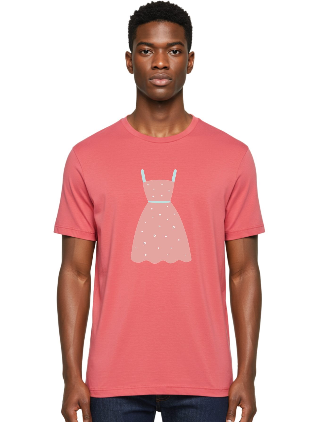 Polka-Dot-Dress Men'S Graphic Tee, 100% Cotton, Comfortable Casual Summer Wear, Machine Washable, Pink Dress, Polka Dot Pattern, Feminine Fashion, Elegant Design, White Accents, Stylish Clothing, Retro Style, Women'S Wear, Polka Dot Dress Aac085
