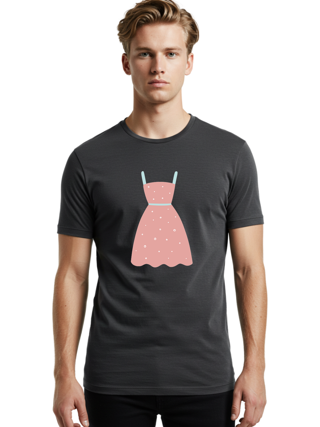 Polka-Dot-Dress Men'S Graphic Tee, 100% Cotton, Comfortable Casual Summer Wear, Machine Washable, Pink Dress, Polka Dot Pattern, Feminine Fashion, Elegant Design, White Accents, Stylish Clothing, Retro Style, Women'S Wear, Polka Dot Dress Aac085