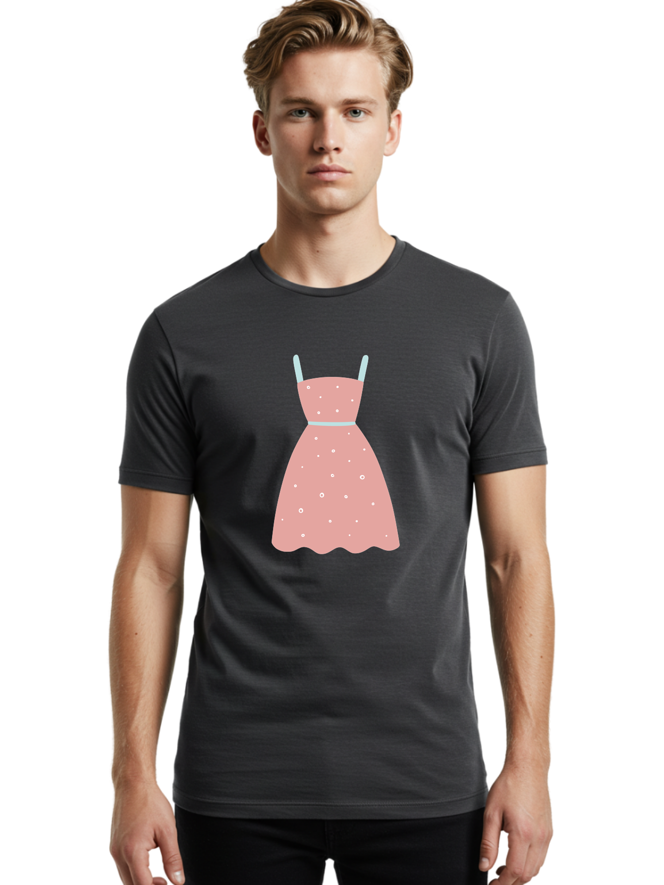 Polka-Dot-Dress Men'S Graphic Tee, 100% Cotton, Comfortable Casual Summer Wear, Machine Washable, Pink Dress, Polka Dot Pattern, Feminine Fashion, Elegant Design, White Accents, Stylish Clothing, Retro Style, Women'S Wear, Polka Dot Dress Aac085