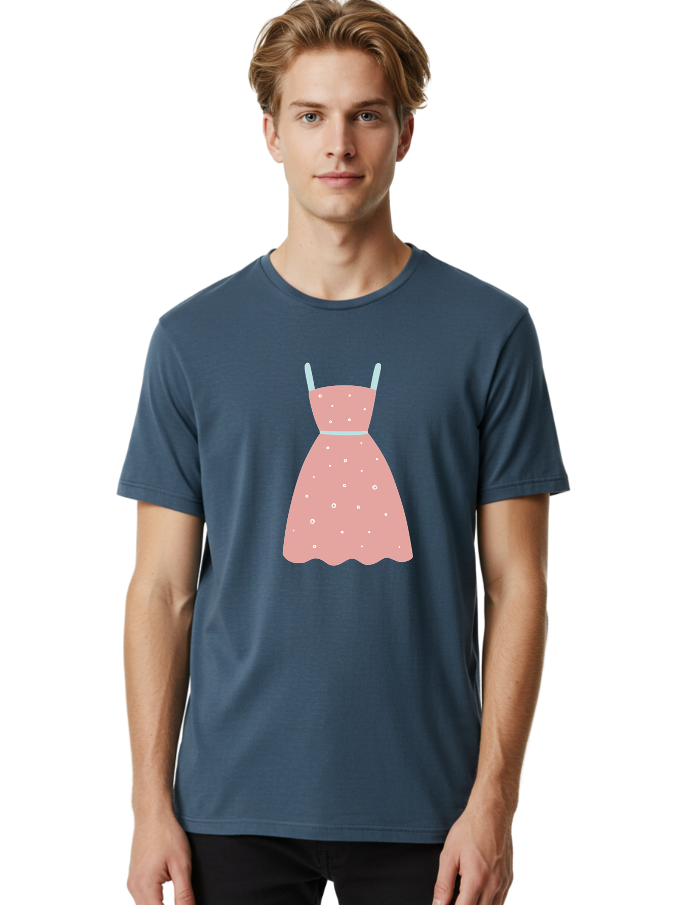 Polka-Dot-Dress Men'S Graphic Tee, 100% Cotton, Comfortable Casual Summer Wear, Machine Washable, Pink Dress, Polka Dot Pattern, Feminine Fashion, Elegant Design, White Accents, Stylish Clothing, Retro Style, Women'S Wear, Polka Dot Dress Aac085