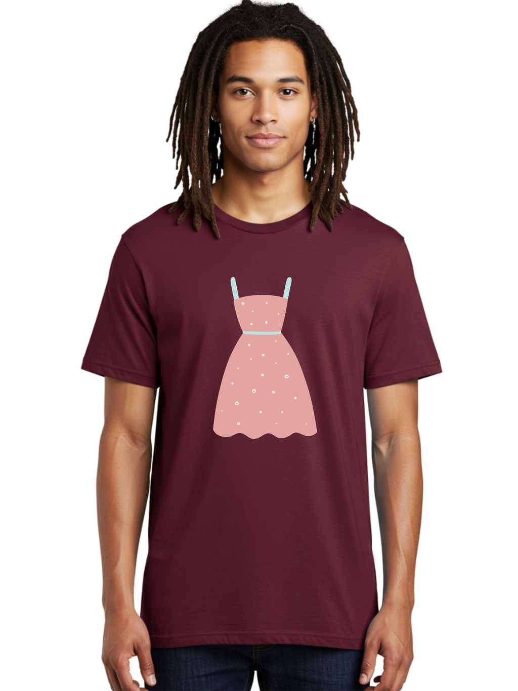 Polka-Dot-Dress Men'S Graphic Tee, 100% Cotton, Comfortable Casual Summer Wear, Machine Washable, Pink Dress, Polka Dot Pattern, Feminine Fashion, Elegant Design, White Accents, Stylish Clothing, Retro Style, Women'S Wear, Polka Dot Dress Aac085
