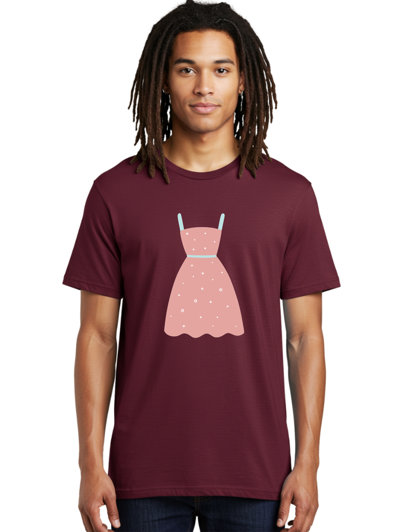 Polka-Dot-Dress Men'S Graphic Tee, 100% Cotton, Comfortable Casual Summer Wear, Machine Washable, Pink Dress, Polka Dot Pattern, Feminine Fashion, Elegant Design, White Accents, Stylish Clothing, Retro Style, Women'S Wear, Polka Dot Dress Aac085