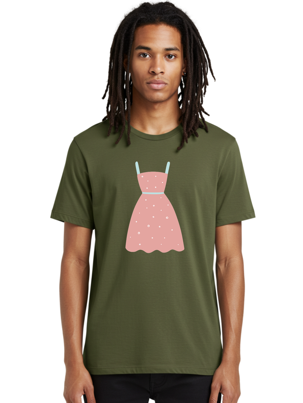 Polka-Dot-Dress Men'S Graphic Tee, 100% Cotton, Comfortable Casual Summer Wear, Machine Washable, Pink Dress, Polka Dot Pattern, Feminine Fashion, Elegant Design, White Accents, Stylish Clothing, Retro Style, Women'S Wear, Polka Dot Dress Aac085