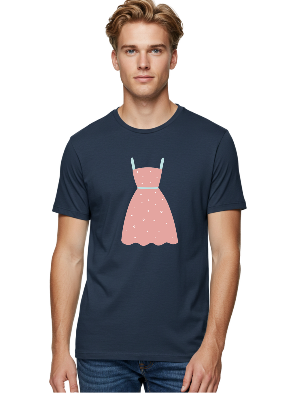 Polka-Dot-Dress Men'S Graphic Tee, 100% Cotton, Comfortable Casual Summer Wear, Machine Washable, Pink Dress, Polka Dot Pattern, Feminine Fashion, Elegant Design, White Accents, Stylish Clothing, Retro Style, Women'S Wear, Polka Dot Dress Aac085