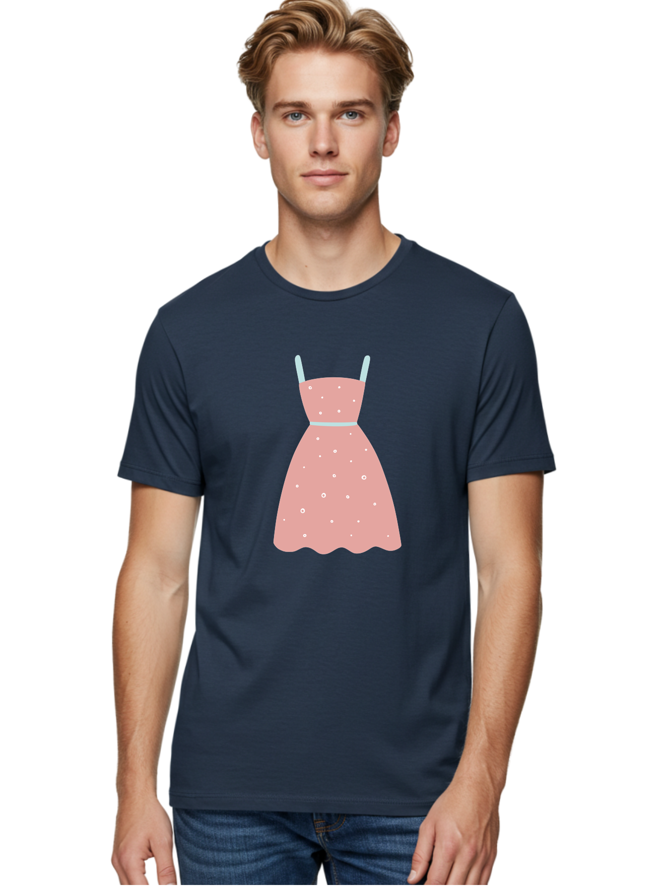 Polka-Dot-Dress Men'S Graphic Tee, 100% Cotton, Comfortable Casual Summer Wear, Machine Washable, Pink Dress, Polka Dot Pattern, Feminine Fashion, Elegant Design, White Accents, Stylish Clothing, Retro Style, Women'S Wear, Polka Dot Dress Aac085