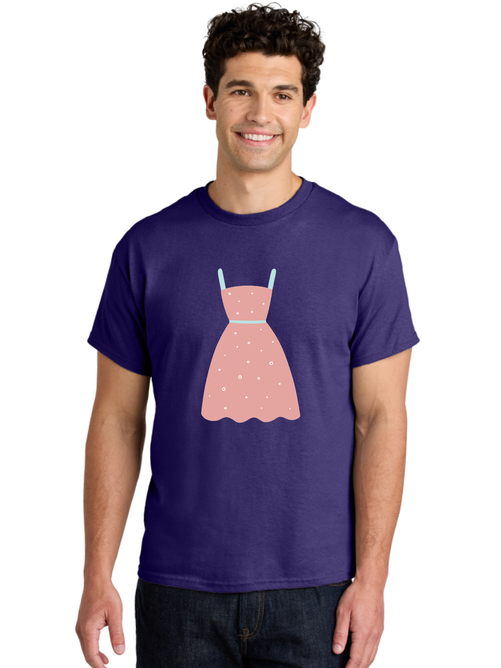 Polka-Dot-Dress Men'S Graphic Tee, 100% Cotton, Comfortable Casual Summer Wear, Machine Washable, Pink Dress, Polka Dot Pattern, Feminine Fashion, Elegant Design, White Accents, Stylish Clothing, Retro Style, Women'S Wear, Polka Dot Dress Aac085