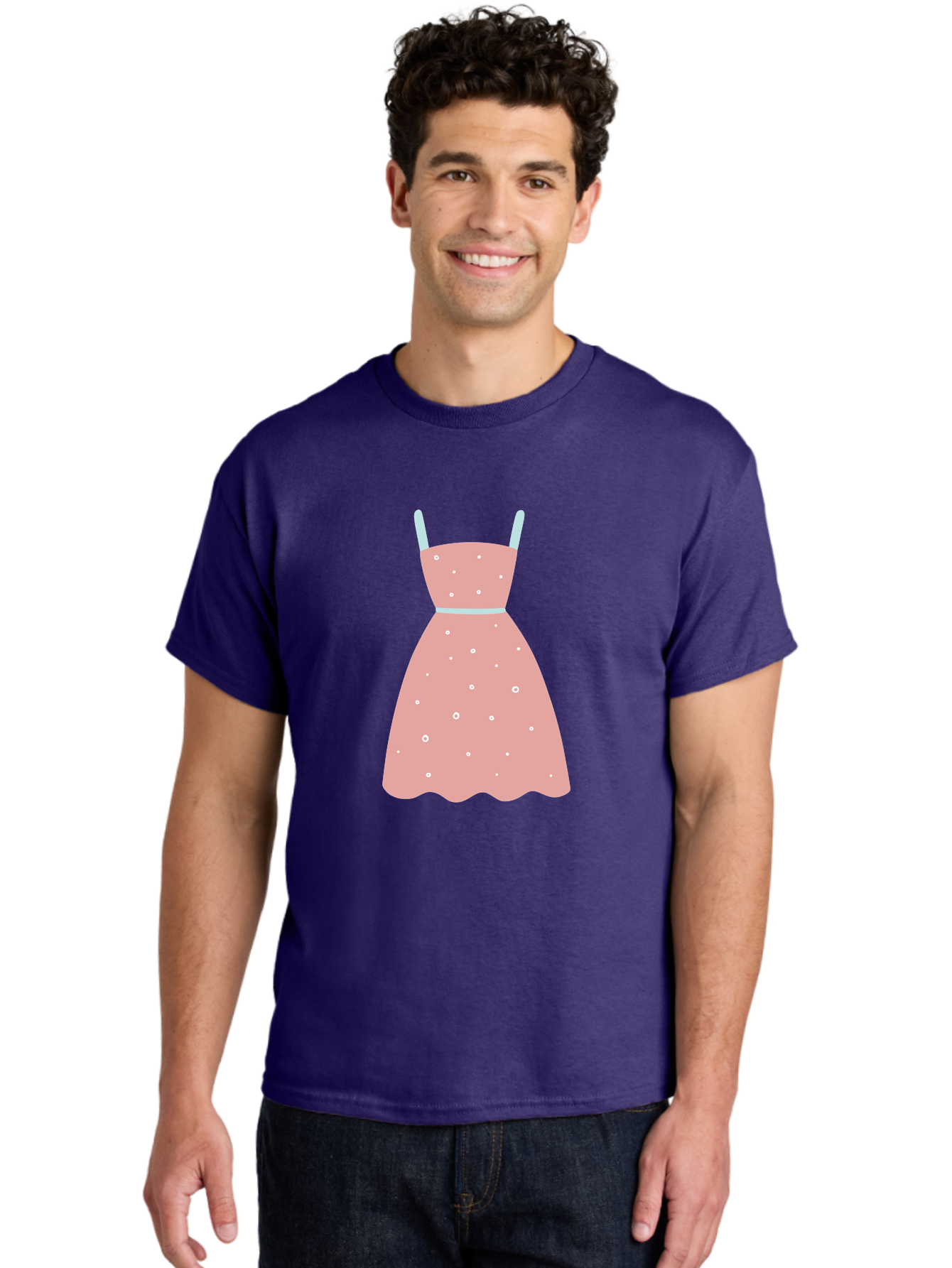Polka-Dot-Dress Men'S Graphic Tee, 100% Cotton, Comfortable Casual Summer Wear, Machine Washable, Pink Dress, Polka Dot Pattern, Feminine Fashion, Elegant Design, White Accents, Stylish Clothing, Retro Style, Women'S Wear, Polka Dot Dress Aac085