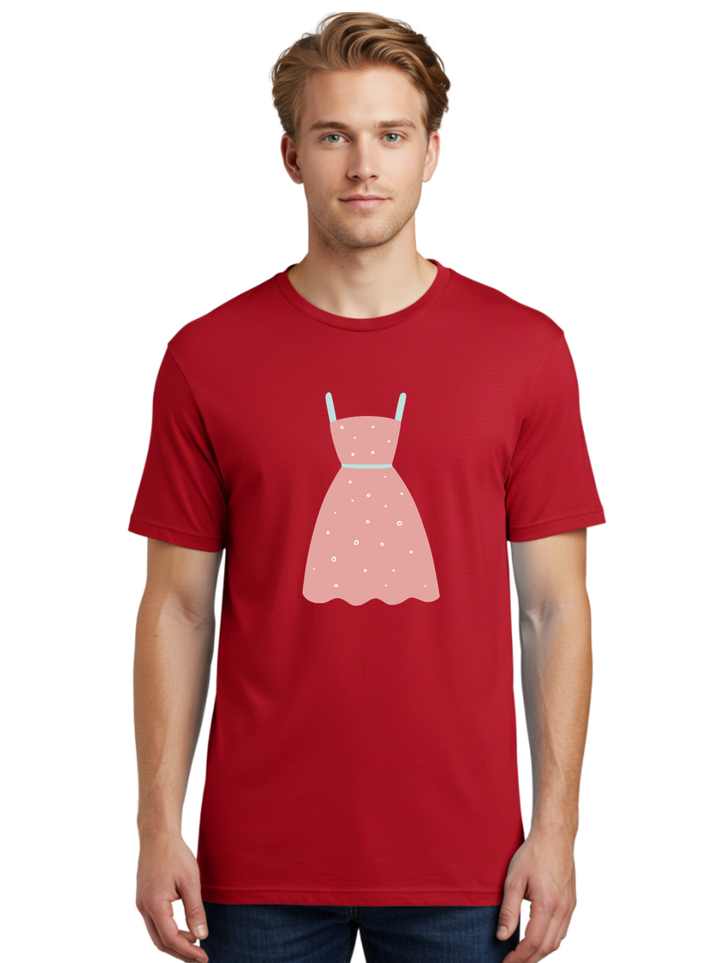 Polka-Dot-Dress Men'S Graphic Tee, 100% Cotton, Comfortable Casual Summer Wear, Machine Washable, Pink Dress, Polka Dot Pattern, Feminine Fashion, Elegant Design, White Accents, Stylish Clothing, Retro Style, Women'S Wear, Polka Dot Dress Aac085