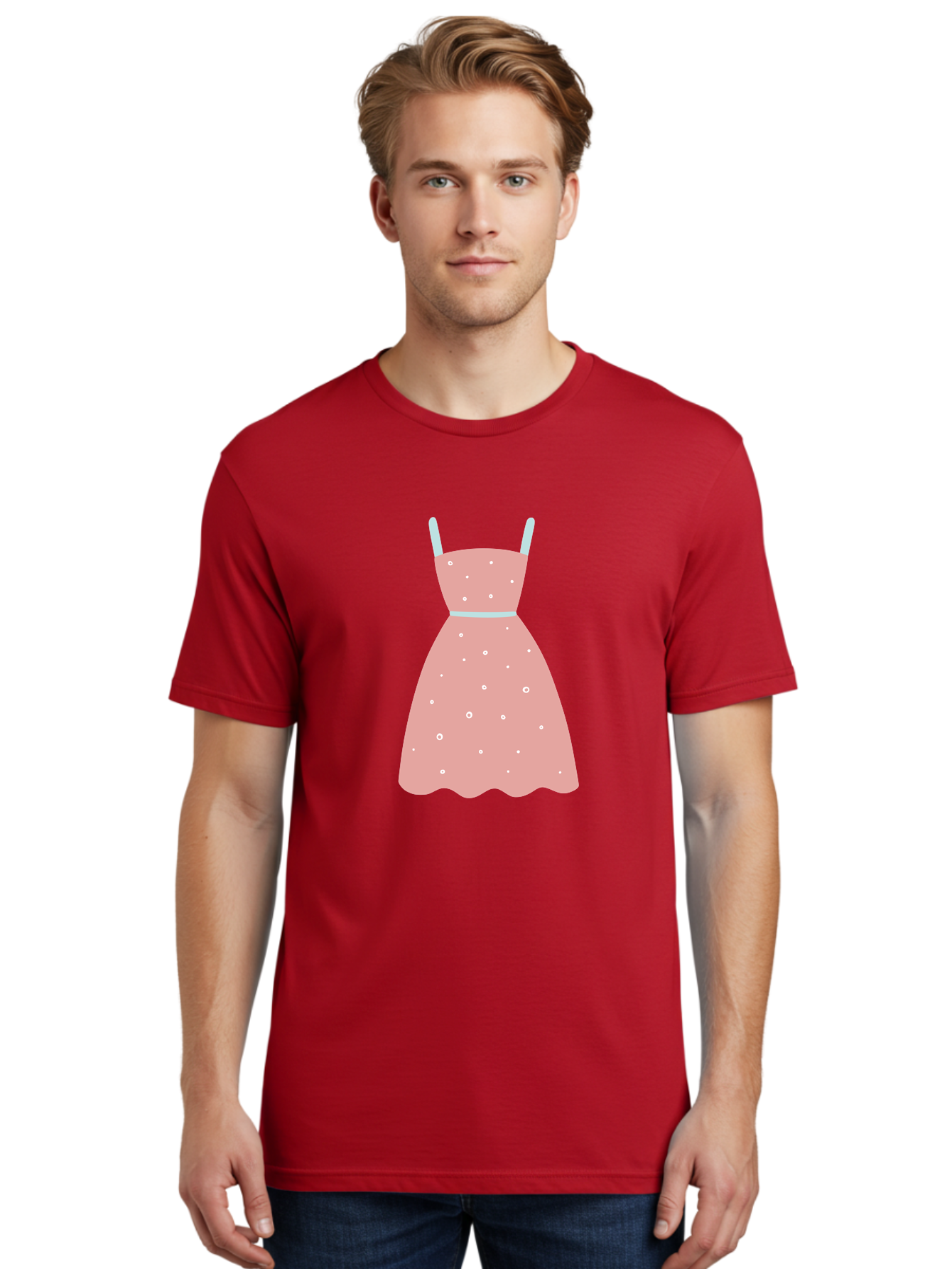 Polka-Dot-Dress Men'S Graphic Tee, 100% Cotton, Comfortable Casual Summer Wear, Machine Washable, Pink Dress, Polka Dot Pattern, Feminine Fashion, Elegant Design, White Accents, Stylish Clothing, Retro Style, Women'S Wear, Polka Dot Dress Aac085