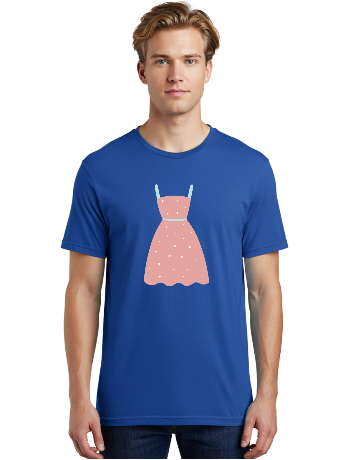 Polka-Dot-Dress Men'S Graphic Tee, 100% Cotton, Comfortable Casual Summer Wear, Machine Washable, Pink Dress, Polka Dot Pattern, Feminine Fashion, Elegant Design, White Accents, Stylish Clothing, Retro Style, Women'S Wear, Polka Dot Dress Aac085