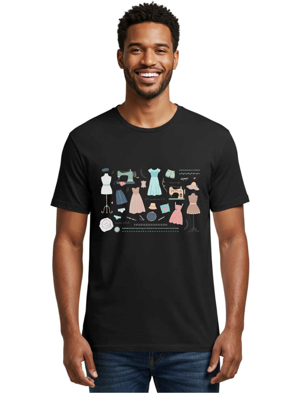 Sewing-Clipart Men'S Graphic Tee, 100% Cotton, Comfortable Casual Summer Wear, Machine Washable, Dresses, Sewing Machines, Mannequins, Fashion Design, Textile Art, Sewing Tools, Threads, Buttons, Fashion Illustration, Custom Clothing, Aac098