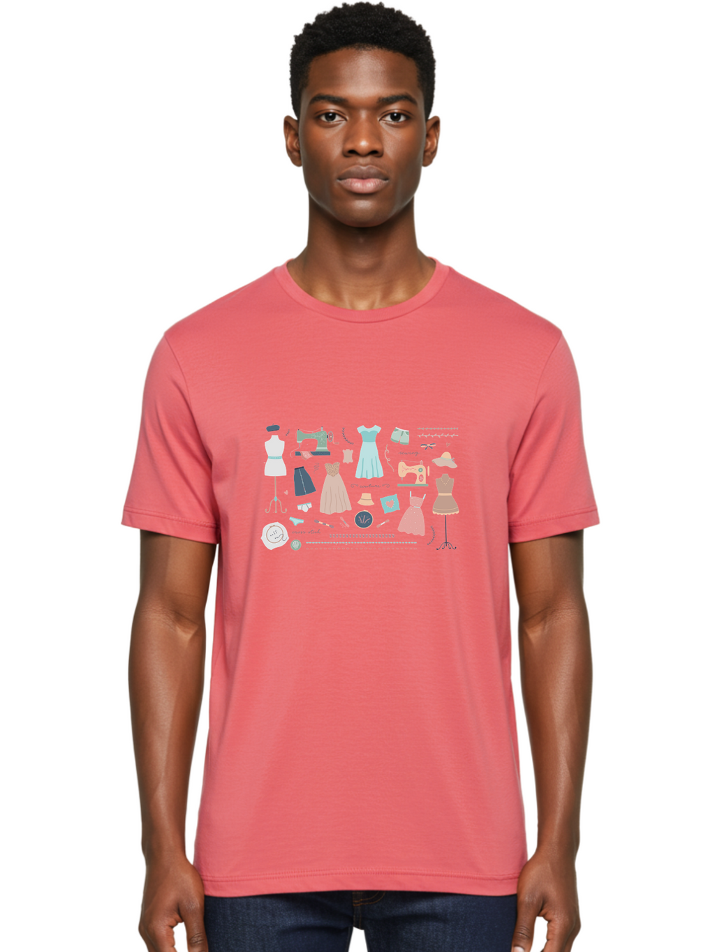 Sewing-Clipart Men'S Graphic Tee, 100% Cotton, Comfortable Casual Summer Wear, Machine Washable, Dresses, Sewing Machines, Mannequins, Fashion Design, Textile Art, Sewing Tools, Threads, Buttons, Fashion Illustration, Custom Clothing, Aac098