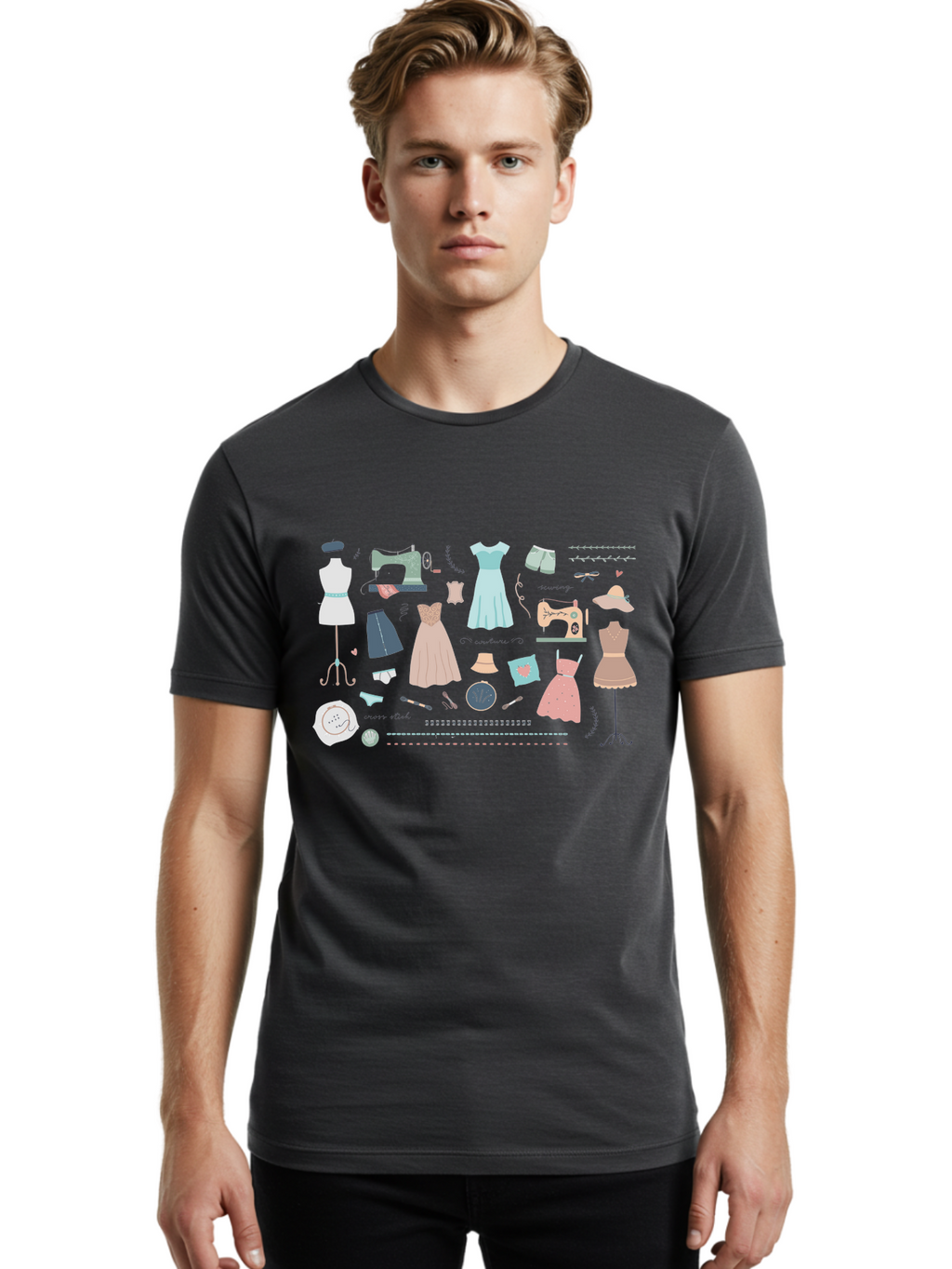 Sewing-Clipart Men'S Graphic Tee, 100% Cotton, Comfortable Casual Summer Wear, Machine Washable, Dresses, Sewing Machines, Mannequins, Fashion Design, Textile Art, Sewing Tools, Threads, Buttons, Fashion Illustration, Custom Clothing, Aac098