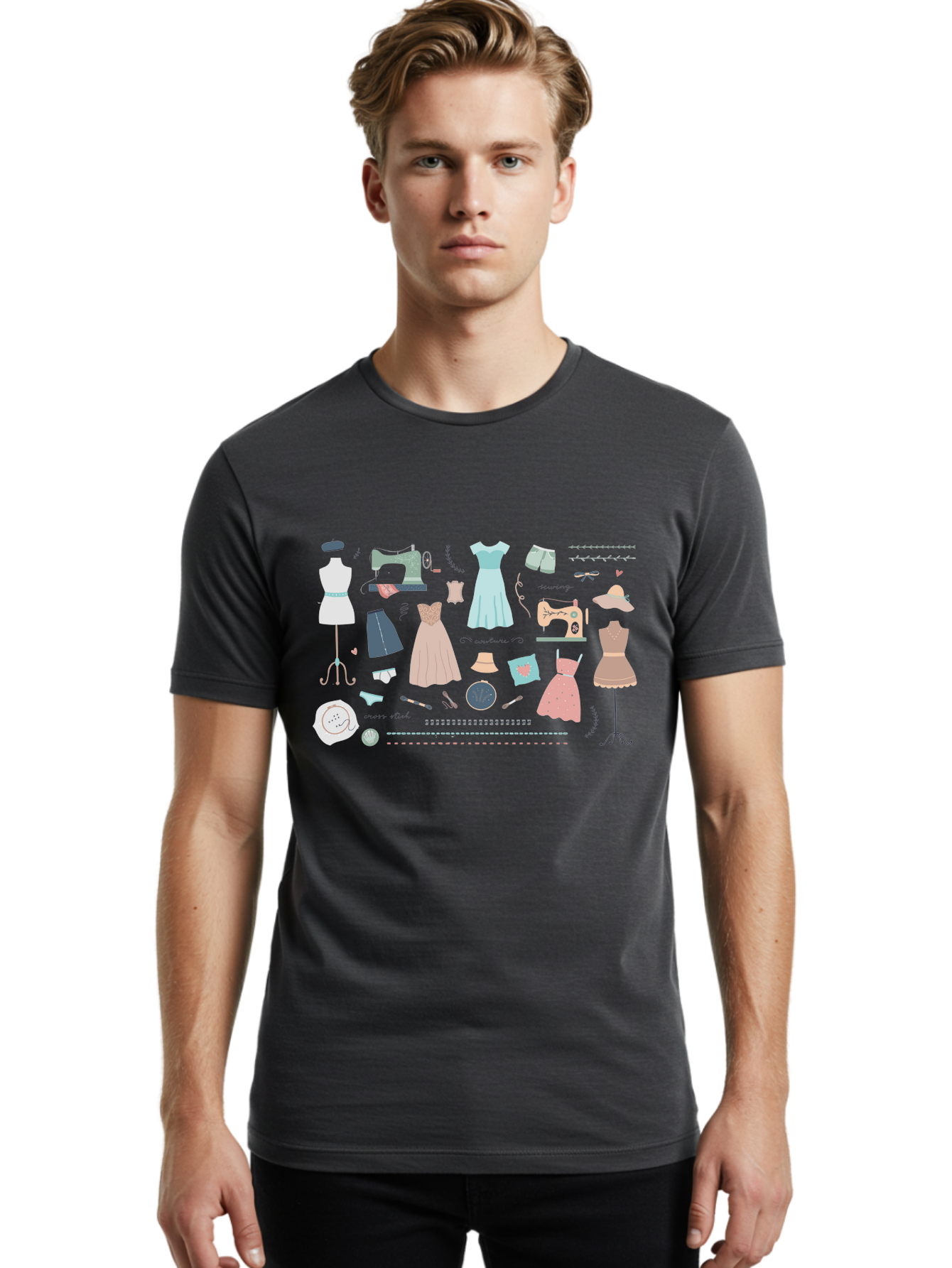 Sewing-Clipart Men'S Graphic Tee, 100% Cotton, Comfortable Casual Summer Wear, Machine Washable, Dresses, Sewing Machines, Mannequins, Fashion Design, Textile Art, Sewing Tools, Threads, Buttons, Fashion Illustration, Custom Clothing, Aac098