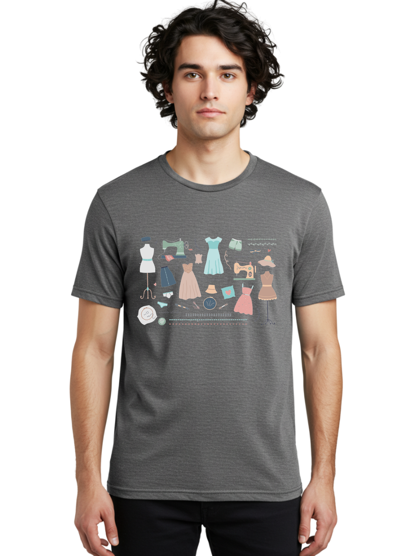 Sewing-Clipart Men'S Graphic Tee, 100% Cotton, Comfortable Casual Summer Wear, Machine Washable, Dresses, Sewing Machines, Mannequins, Fashion Design, Textile Art, Sewing Tools, Threads, Buttons, Fashion Illustration, Custom Clothing, Aac098
