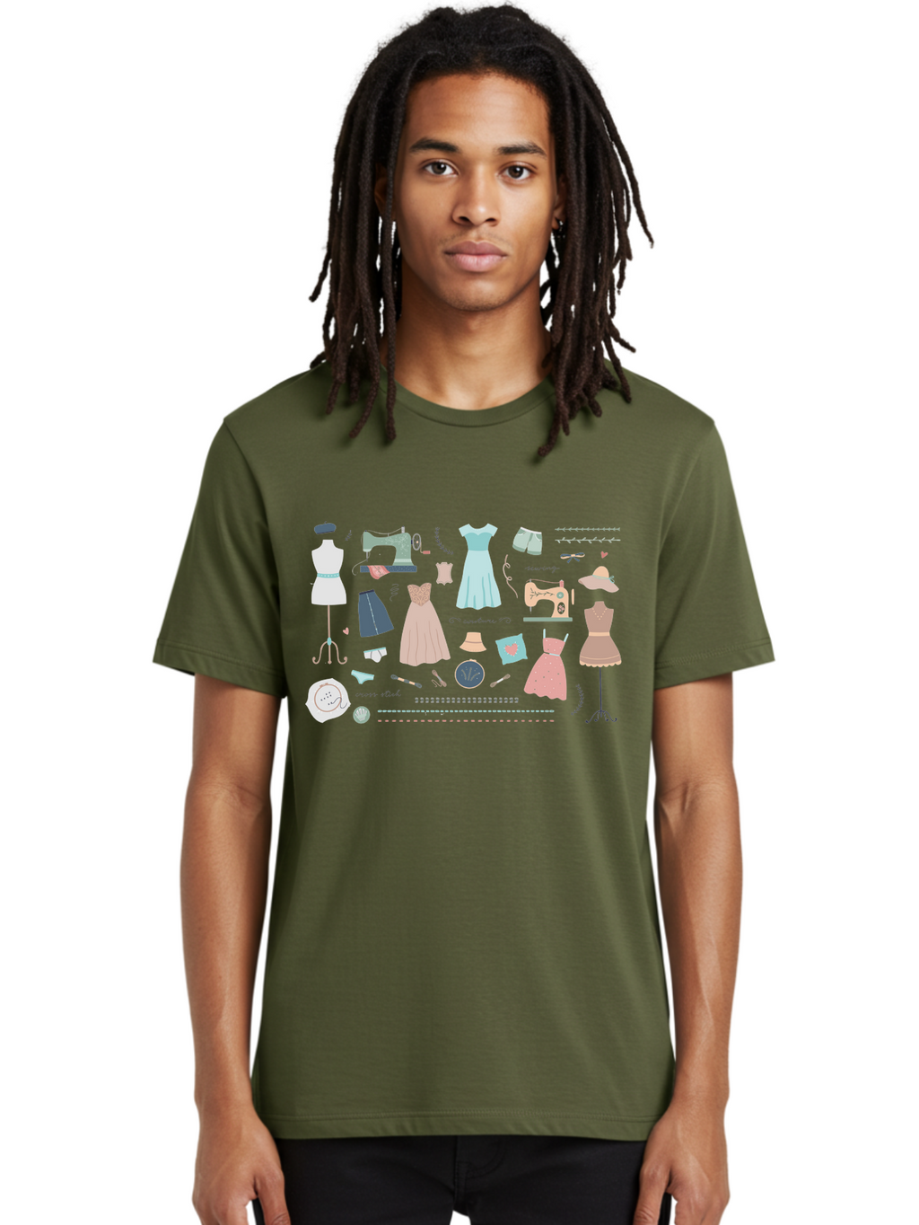 Sewing-Clipart Men'S Graphic Tee, 100% Cotton, Comfortable Casual Summer Wear, Machine Washable, Dresses, Sewing Machines, Mannequins, Fashion Design, Textile Art, Sewing Tools, Threads, Buttons, Fashion Illustration, Custom Clothing, Aac098