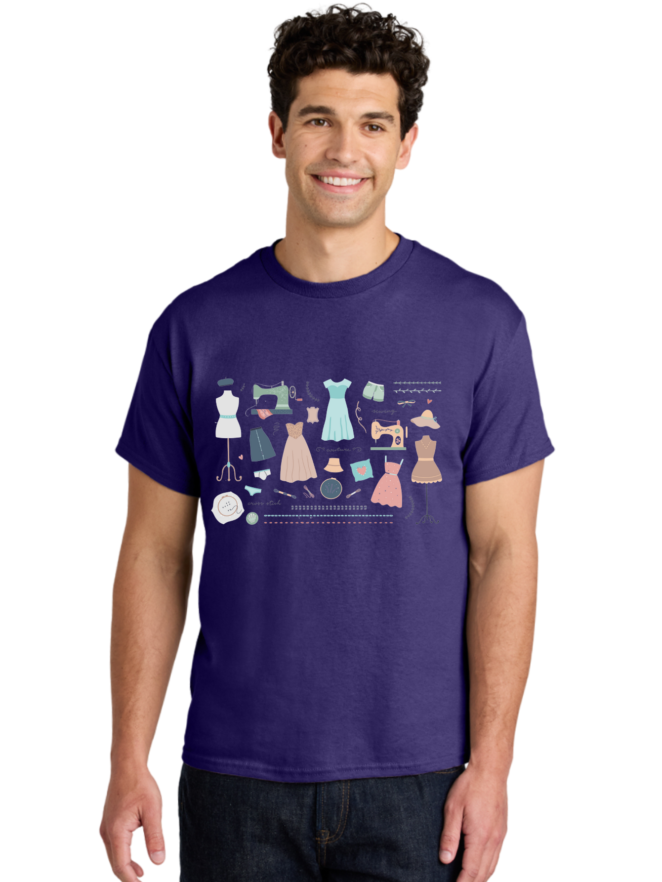 Sewing-Clipart Men'S Graphic Tee, 100% Cotton, Comfortable Casual Summer Wear, Machine Washable, Dresses, Sewing Machines, Mannequins, Fashion Design, Textile Art, Sewing Tools, Threads, Buttons, Fashion Illustration, Custom Clothing, Aac098