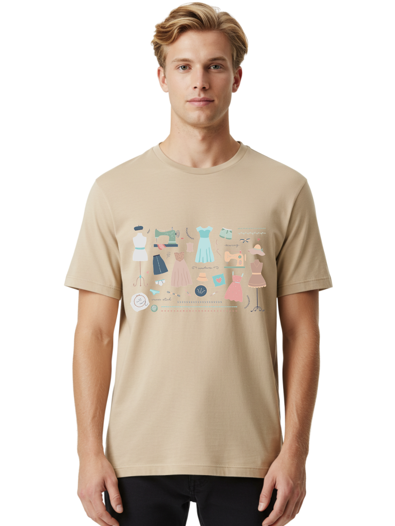 Sewing-Clipart Men'S Graphic Tee, 100% Cotton, Comfortable Casual Summer Wear, Machine Washable, Dresses, Sewing Machines, Mannequins, Fashion Design, Textile Art, Sewing Tools, Threads, Buttons, Fashion Illustration, Custom Clothing, Aac098