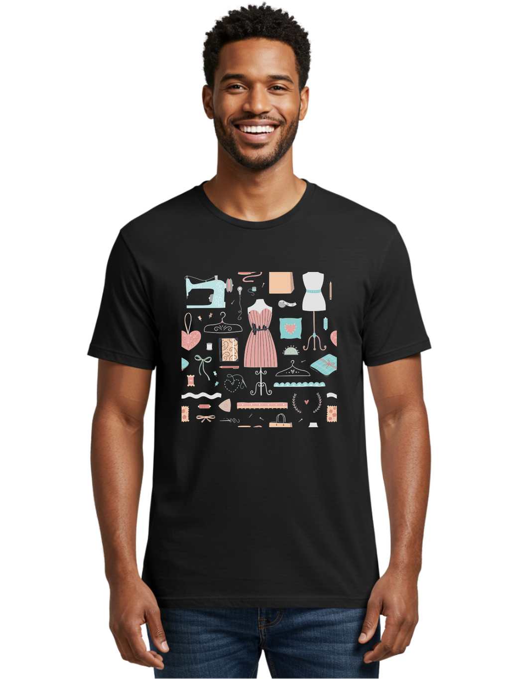 Sewing-Icons Men'S Graphic Tee, 100% Cotton, Comfortable Casual Summer Wear, Machine Washable, Fashion Design, Sewing Machine, Mannequin, Dress, Clothing Hangers, Sewing Accessories, Fashion Accessories, Gift Wrapping, Hearts, Bows, Ribbons, Aac099