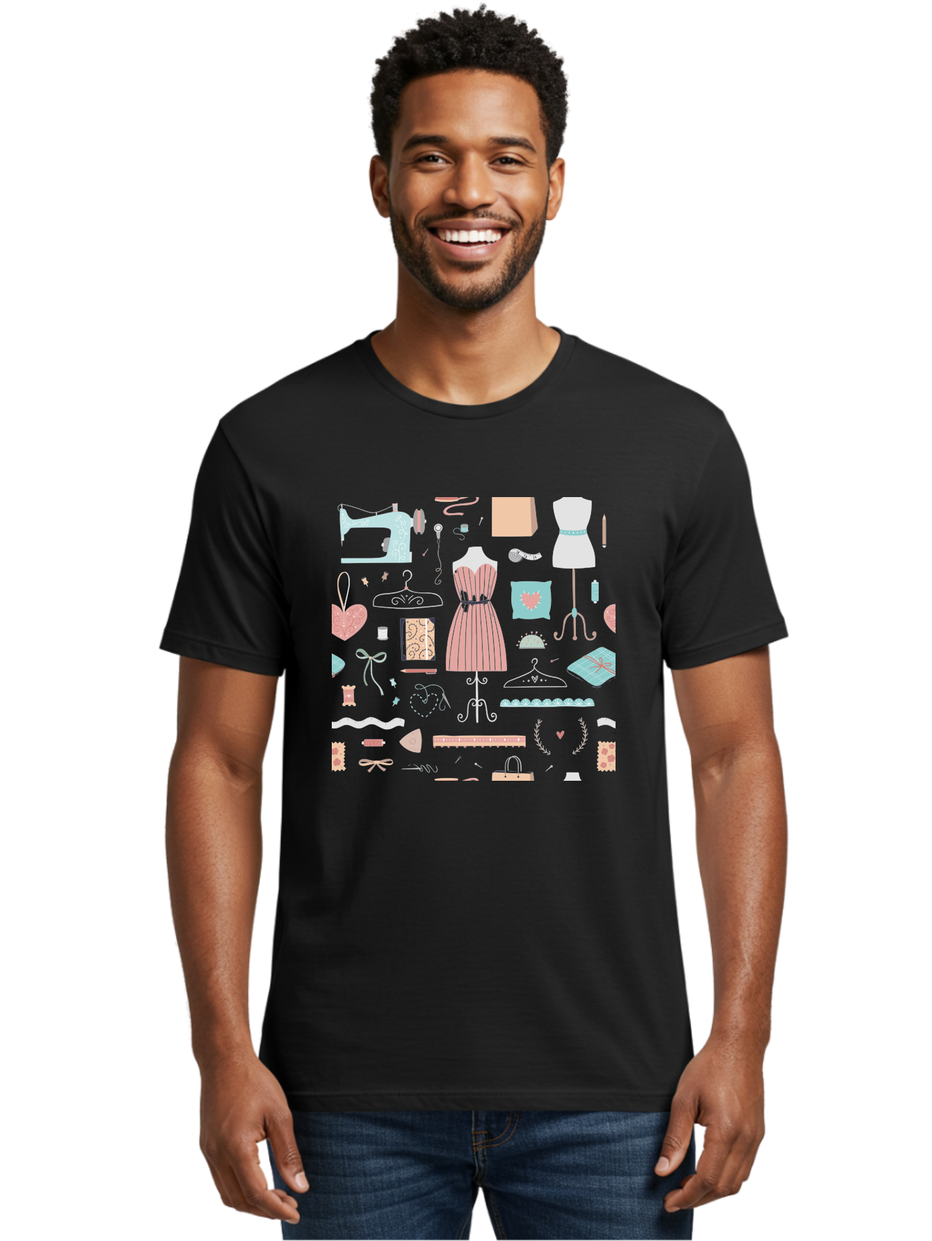 Sewing-Icons Men'S Graphic Tee, 100% Cotton, Comfortable Casual Summer Wear, Machine Washable, Fashion Design, Sewing Machine, Mannequin, Dress, Clothing Hangers, Sewing Accessories, Fashion Accessories, Gift Wrapping, Hearts, Bows, Ribbons, Aac099