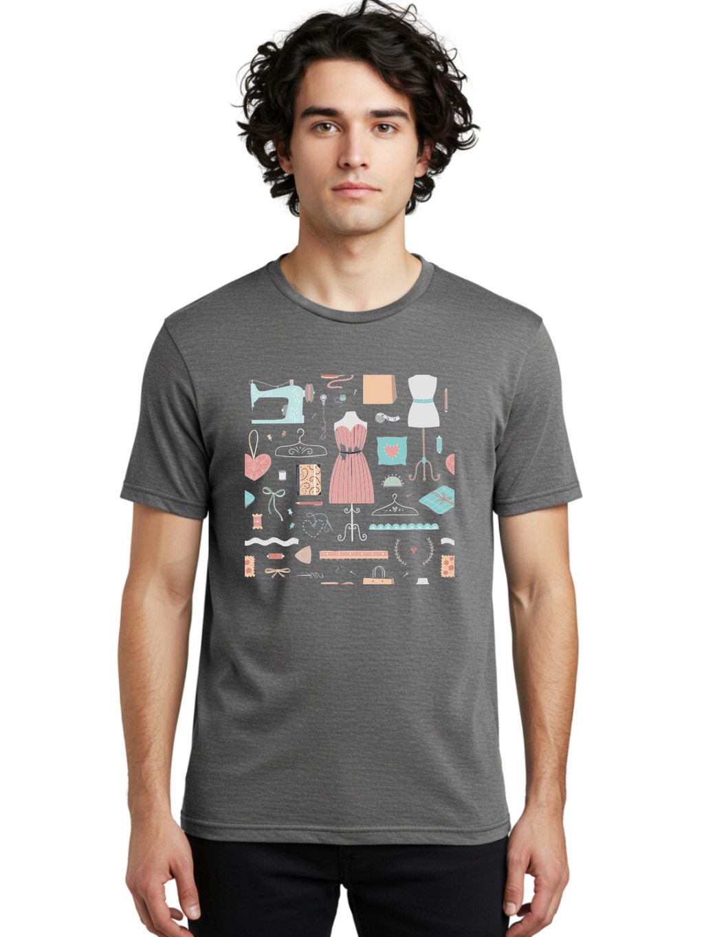 Sewing-Icons Men'S Graphic Tee, 100% Cotton, Comfortable Casual Summer Wear, Machine Washable, Fashion Design, Sewing Machine, Mannequin, Dress, Clothing Hangers, Sewing Accessories, Fashion Accessories, Gift Wrapping, Hearts, Bows, Ribbons, Aac099