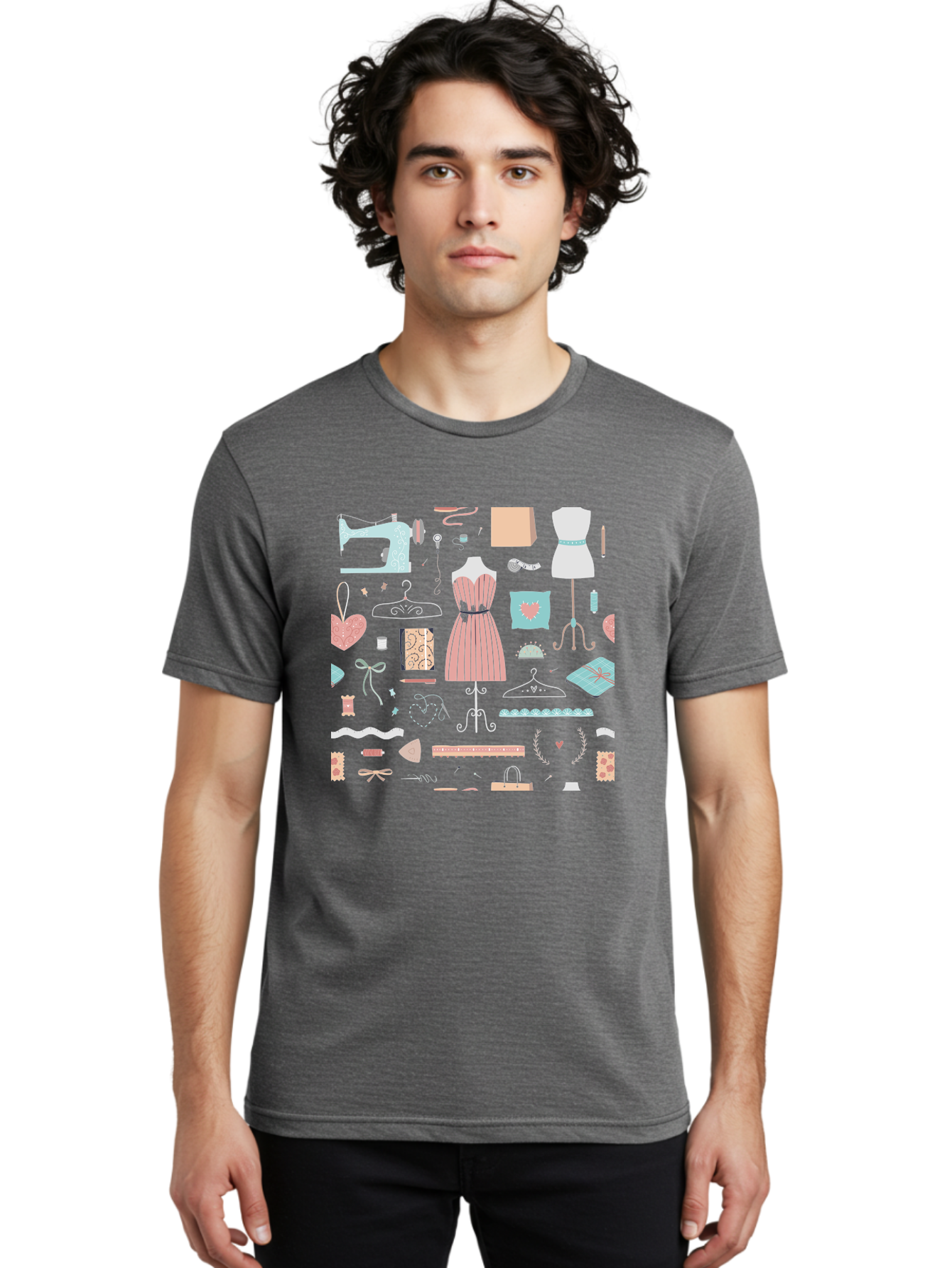 Sewing-Icons Men'S Graphic Tee, 100% Cotton, Comfortable Casual Summer Wear, Machine Washable, Fashion Design, Sewing Machine, Mannequin, Dress, Clothing Hangers, Sewing Accessories, Fashion Accessories, Gift Wrapping, Hearts, Bows, Ribbons, Aac099
