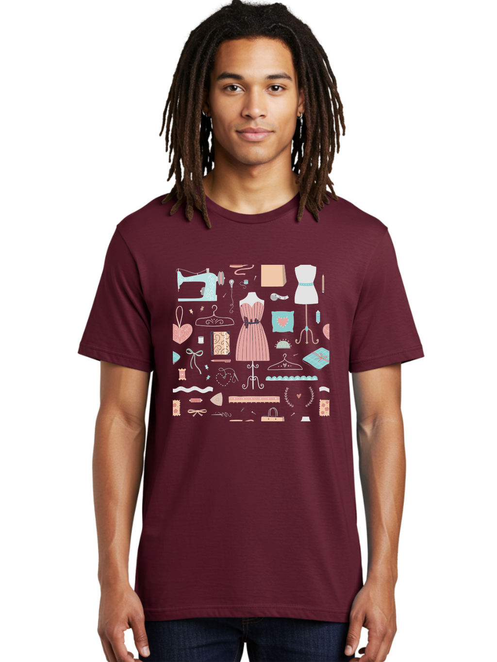 Sewing-Icons Men'S Graphic Tee, 100% Cotton, Comfortable Casual Summer Wear, Machine Washable, Fashion Design, Sewing Machine, Mannequin, Dress, Clothing Hangers, Sewing Accessories, Fashion Accessories, Gift Wrapping, Hearts, Bows, Ribbons, Aac099