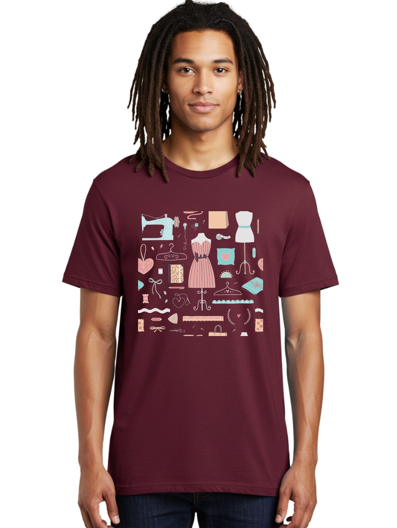 Sewing-Icons Men'S Graphic Tee, 100% Cotton, Comfortable Casual Summer Wear, Machine Washable, Fashion Design, Sewing Machine, Mannequin, Dress, Clothing Hangers, Sewing Accessories, Fashion Accessories, Gift Wrapping, Hearts, Bows, Ribbons, Aac099