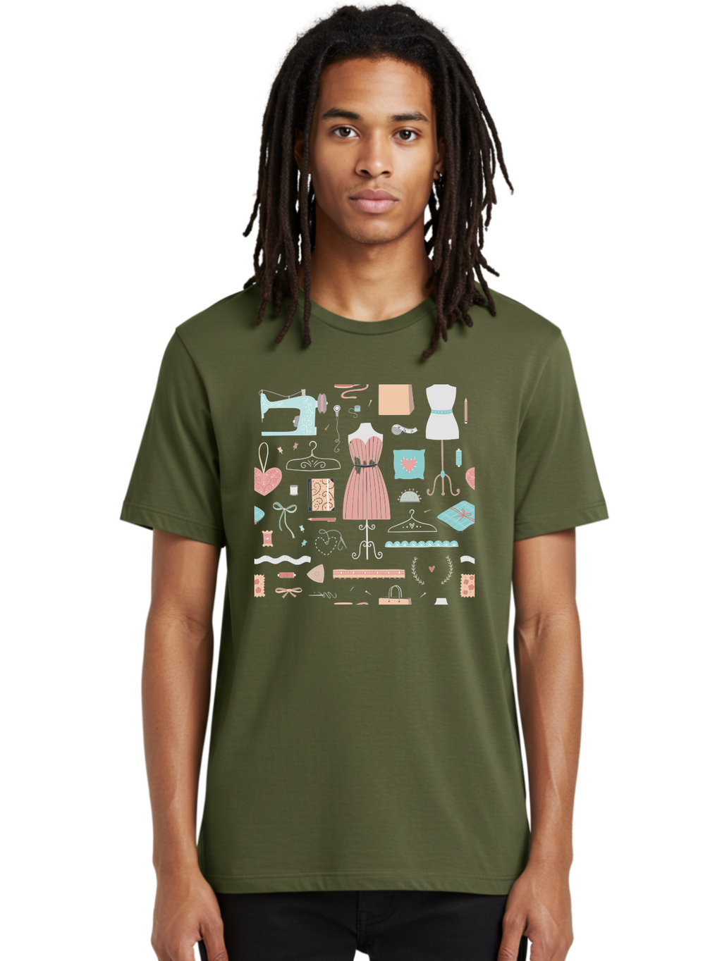 Sewing-Icons Men'S Graphic Tee, 100% Cotton, Comfortable Casual Summer Wear, Machine Washable, Fashion Design, Sewing Machine, Mannequin, Dress, Clothing Hangers, Sewing Accessories, Fashion Accessories, Gift Wrapping, Hearts, Bows, Ribbons, Aac099