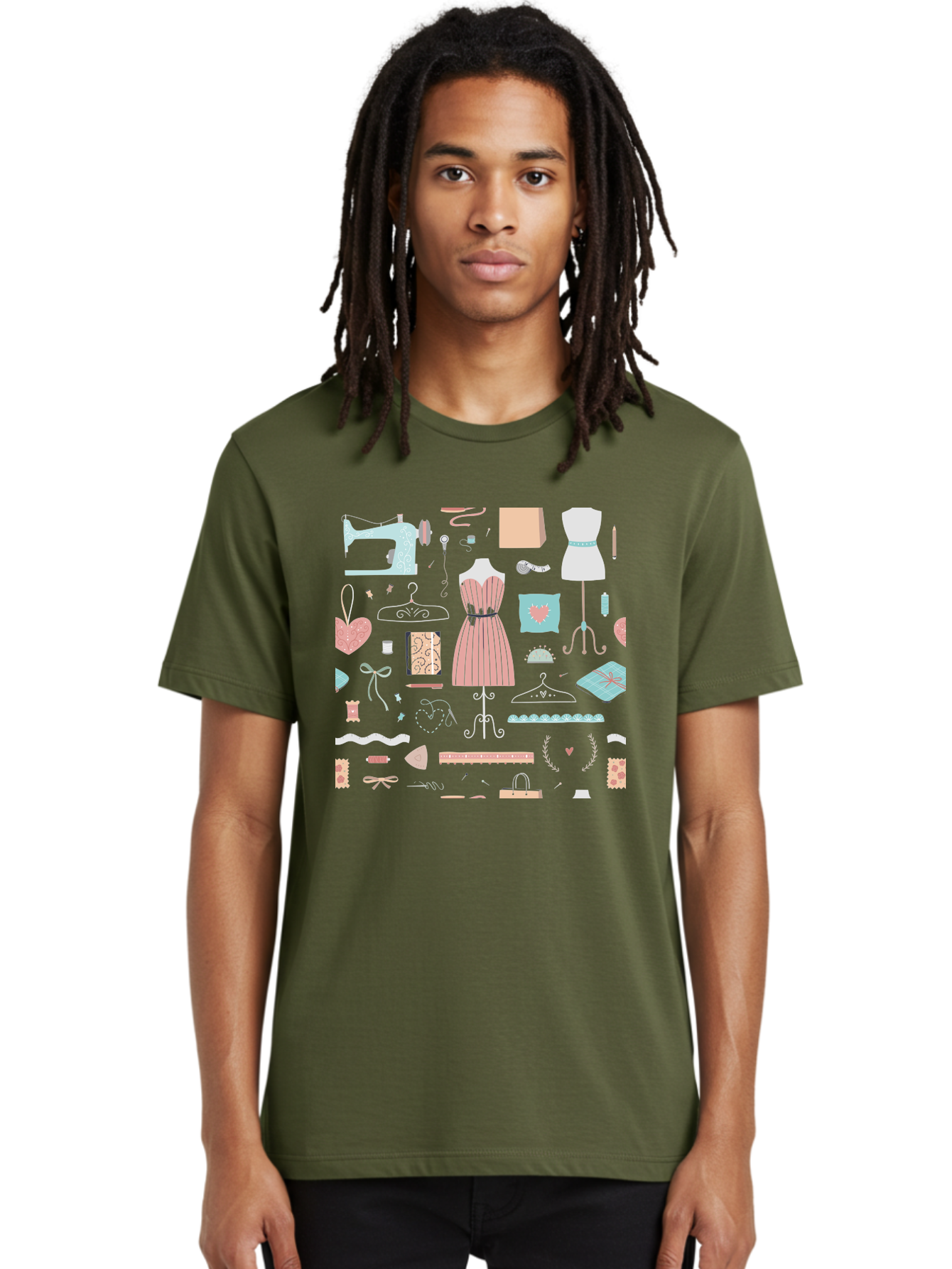 Sewing-Icons Men'S Graphic Tee, 100% Cotton, Comfortable Casual Summer Wear, Machine Washable, Fashion Design, Sewing Machine, Mannequin, Dress, Clothing Hangers, Sewing Accessories, Fashion Accessories, Gift Wrapping, Hearts, Bows, Ribbons, Aac099