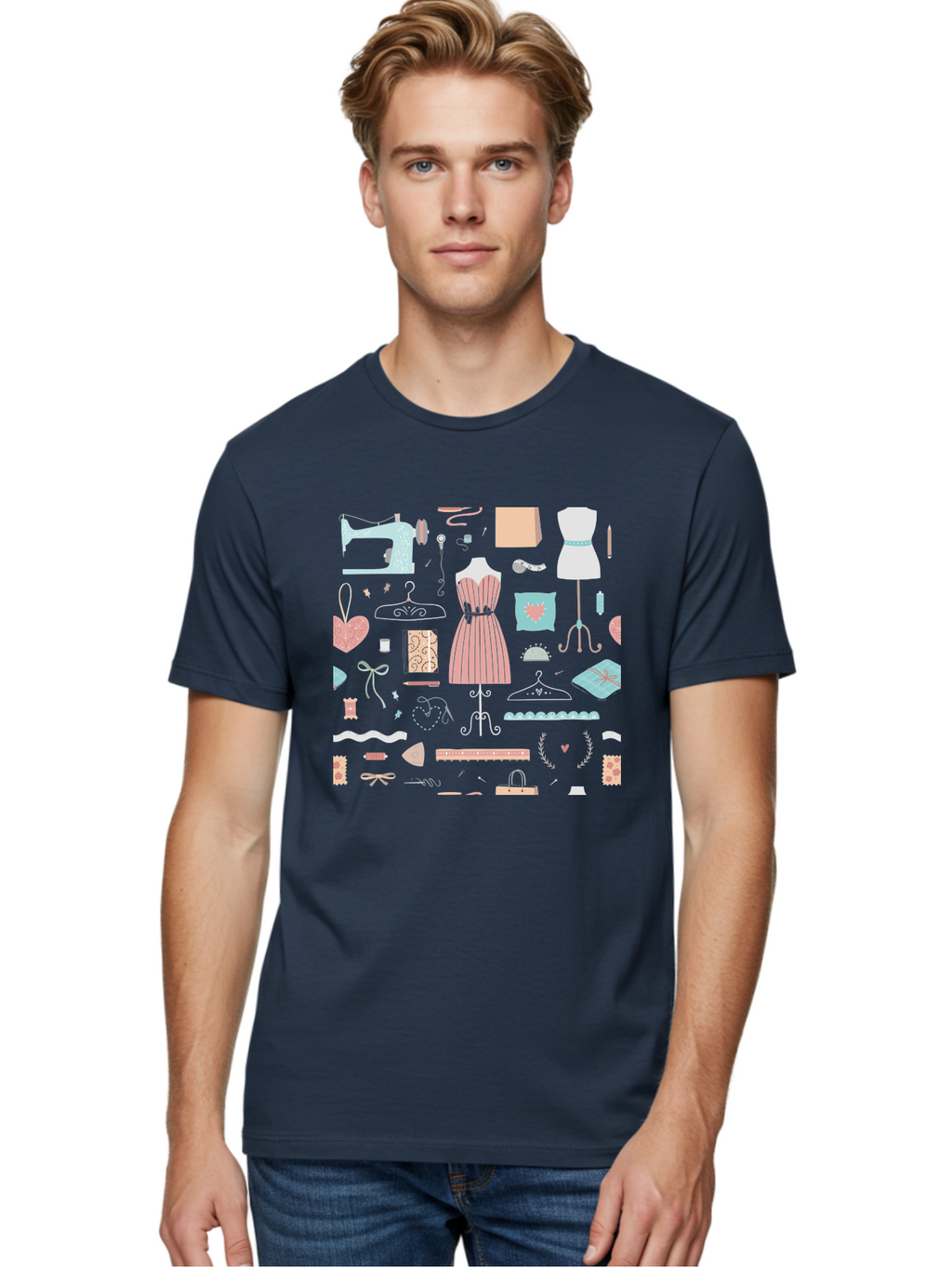 Sewing-Icons Men'S Graphic Tee, 100% Cotton, Comfortable Casual Summer Wear, Machine Washable, Fashion Design, Sewing Machine, Mannequin, Dress, Clothing Hangers, Sewing Accessories, Fashion Accessories, Gift Wrapping, Hearts, Bows, Ribbons, Aac099