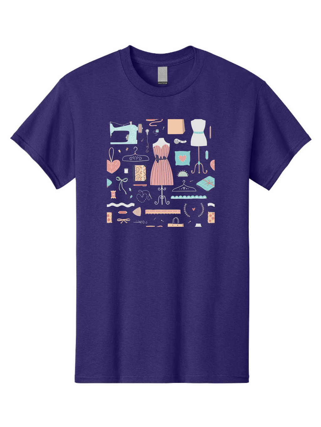 Sewing-Icons Men'S Graphic Tee, 100% Cotton, Comfortable Casual Summer Wear, Machine Washable, Fashion Design, Sewing Machine, Mannequin, Dress, Clothing Hangers, Sewing Accessories, Fashion Accessories, Gift Wrapping, Hearts, Bows, Ribbons, Aac099
